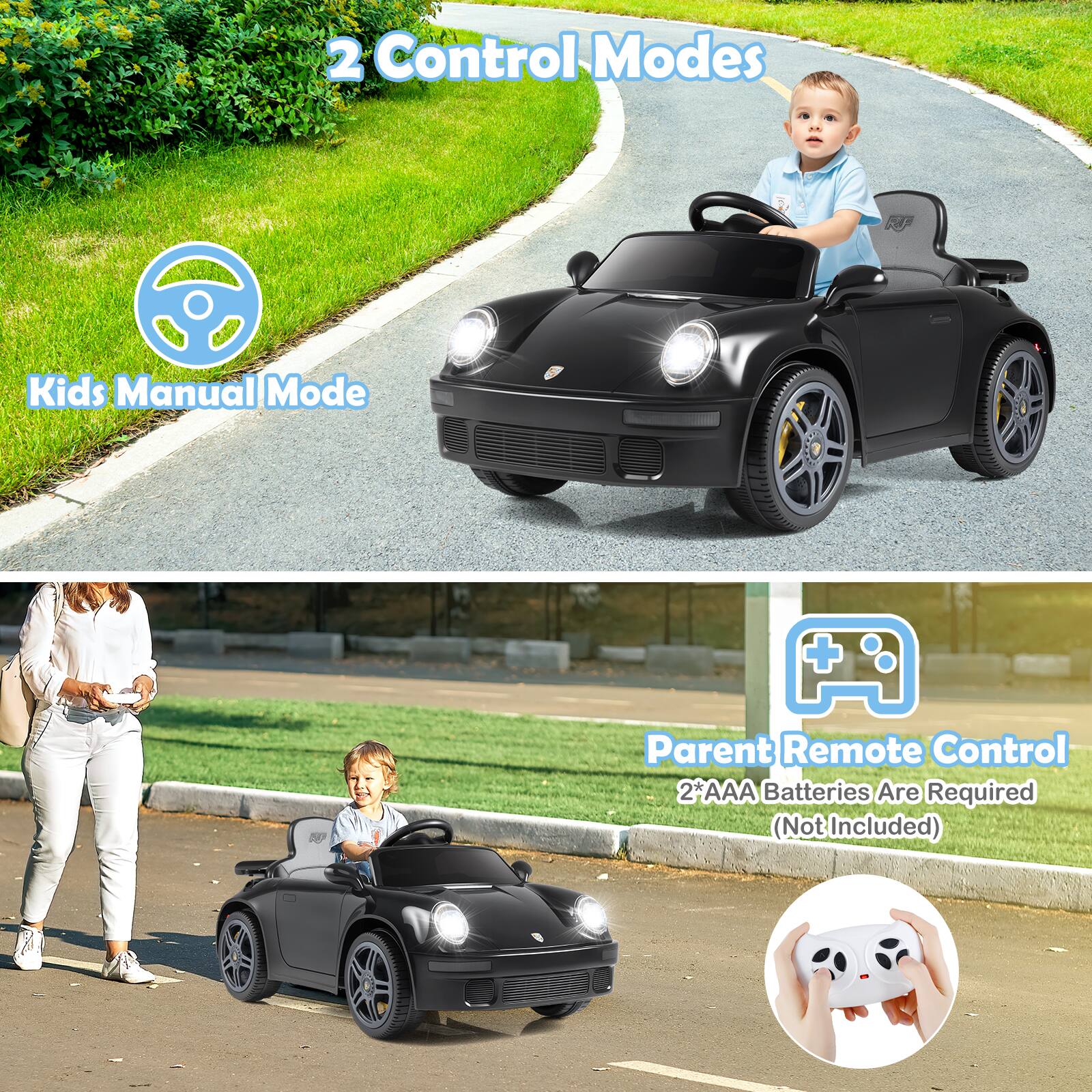 2 Control Modes

Kids Manual Mode

Parent Remote Control

2 x AAA Batteries Are Required (Not Included)