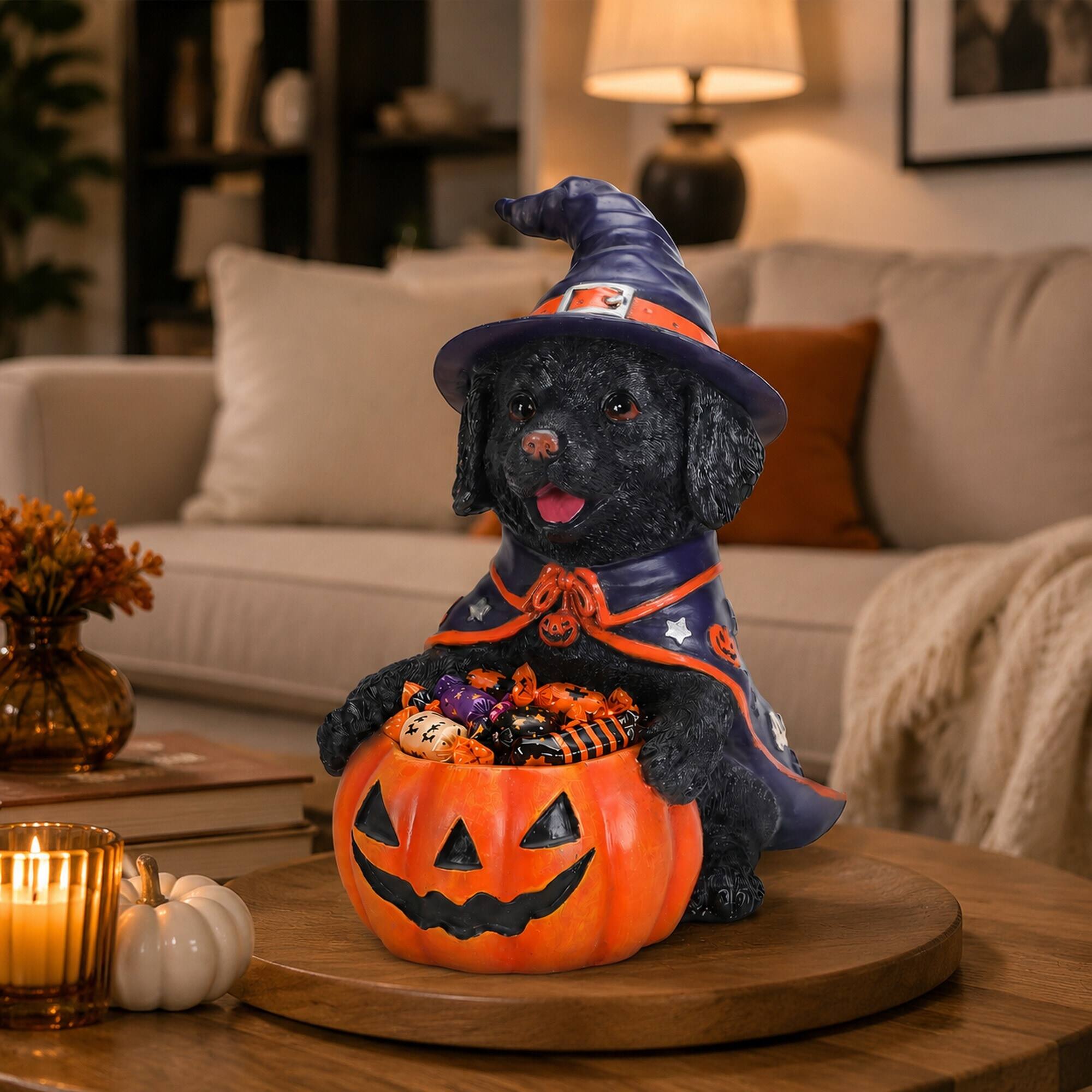 Angle. RYHNUYNE - Halloween Black Labrador Witch Puppy Figurine with Pumpkin Candy Bowl, Resin Dog Decor for Shelf, Mantel - Red.