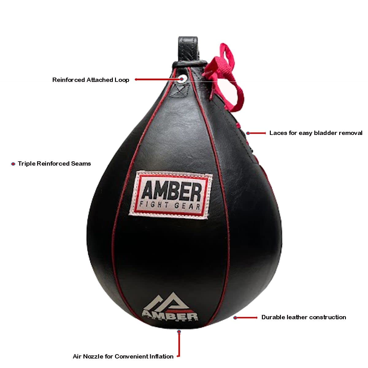 Reinforced Attached Loop Laces for easy bladder removal Triple Reinforced Seams AMBER FIGHT GEAR AMBER Durable leather construction Air Nozzle for Convenient Inflation