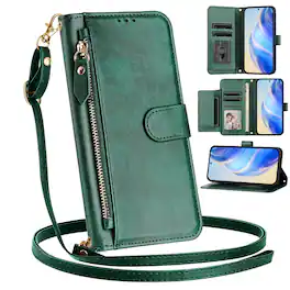 UUCOVER - Zipper Wallet Case for Samsung Galaxy A17 5G Magnetic PU Leather Card Slots Stand Cover with Shoulder / Wrist Strap - Darkgreen
