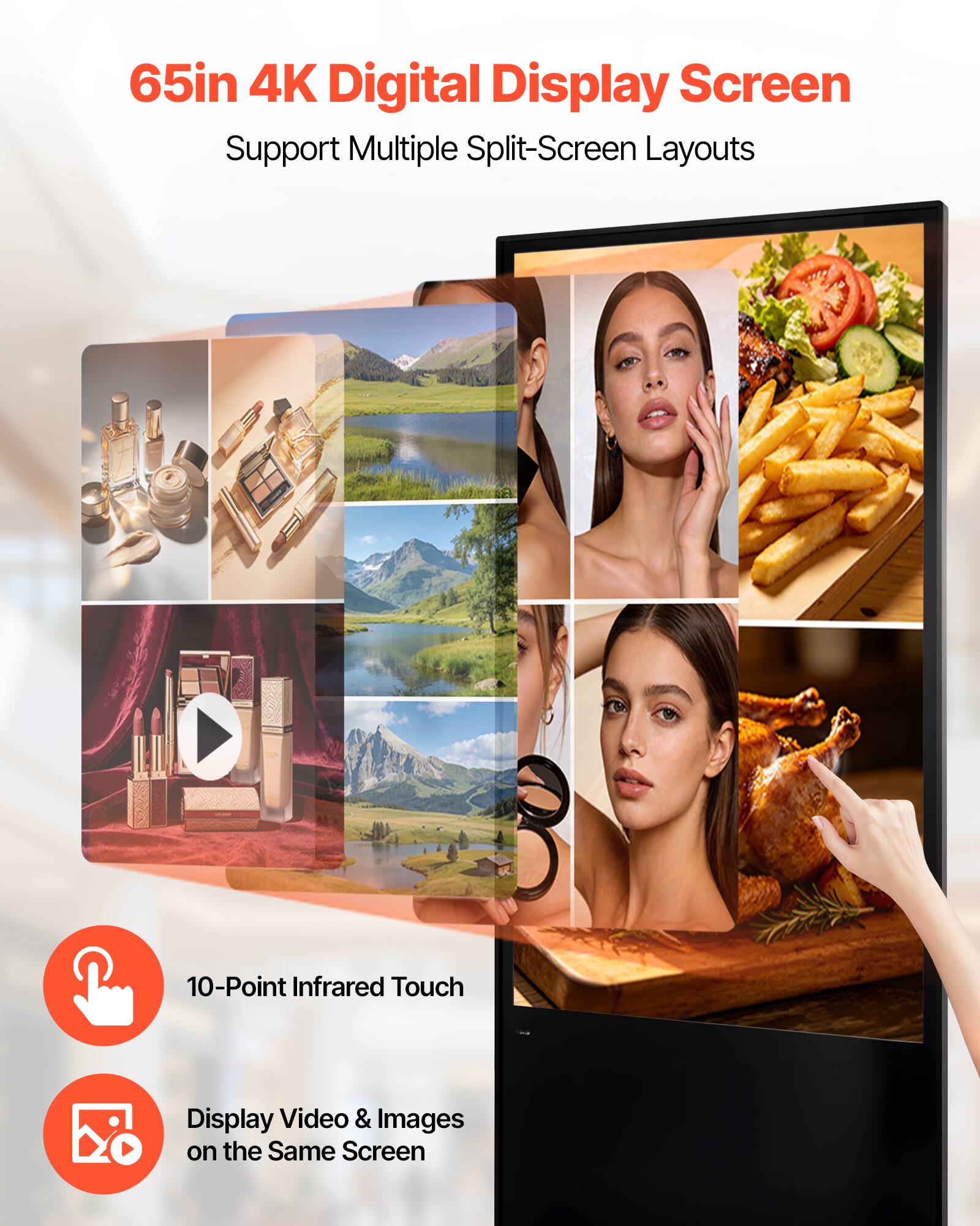 65in 4K Digital Display Screen  
Support Multiple Split-Screen Layouts  
10-Point Infrared Touch  
Display Video & Images on the Same Screen