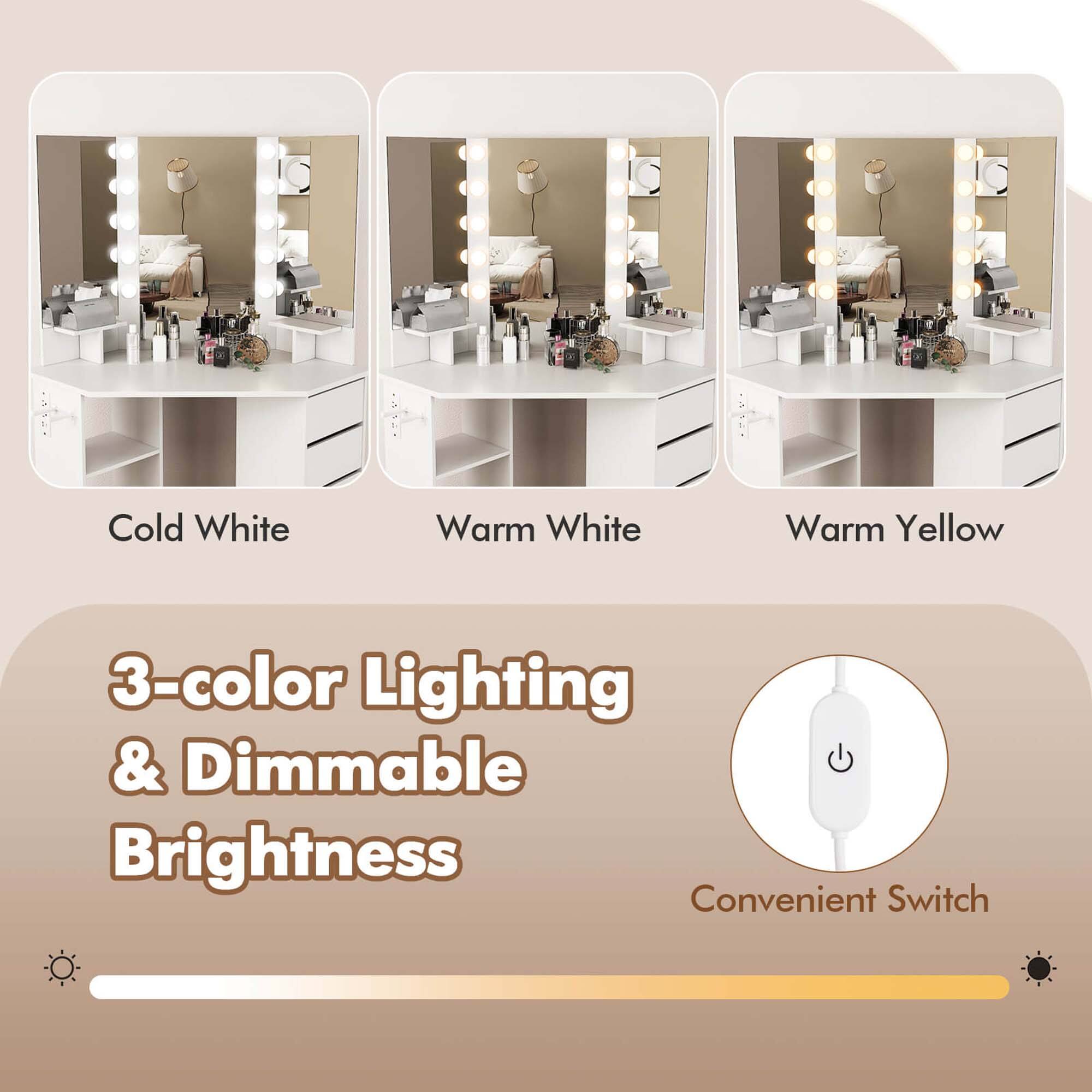 The text on the image can be grouped and corrected as follows:

Cold White Warm White Warm Yellow 3-color Lighting & Dimmable Brightness Convenient Switch