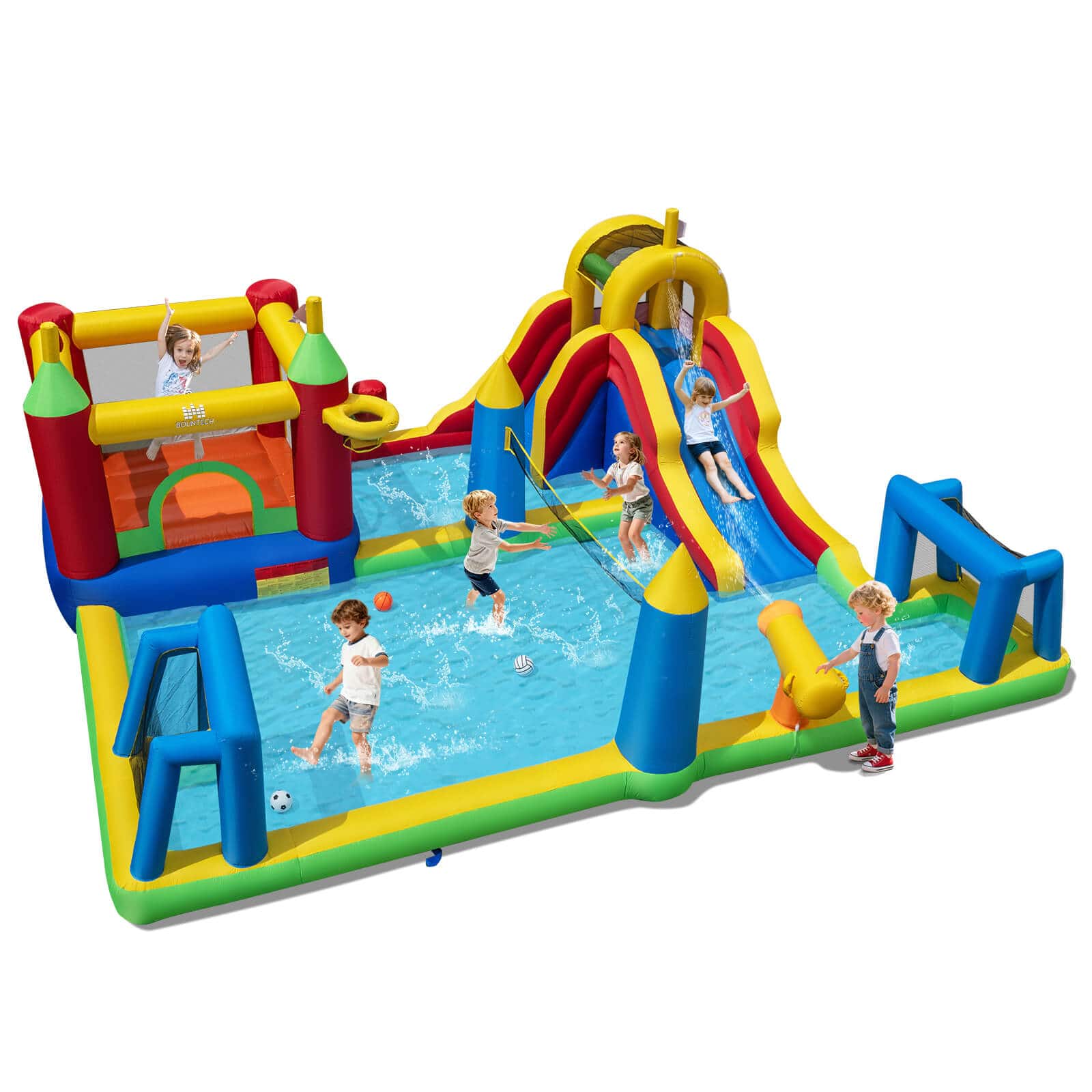 Costway - Inflatable Water Slide Bounce House with Climbing Wall Splash Pool Basketball Hoop - Multi-colored