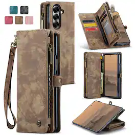 Dteck - Magnetic Detachable Wallet Case for Samsung Galaxy Z Fold7 ,Multi-Functional Large Zipper Card Slots Cover With Strap - Darkbrown