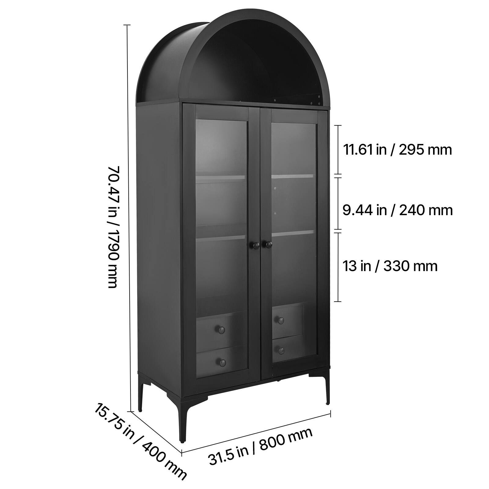70.47 in / 1790 mm  
11.61 in / 295 mm  
9.44 in / 240 mm  
13 in / 330 mm  
15.75 in / 400 mm  
31.5 in / 800 mm