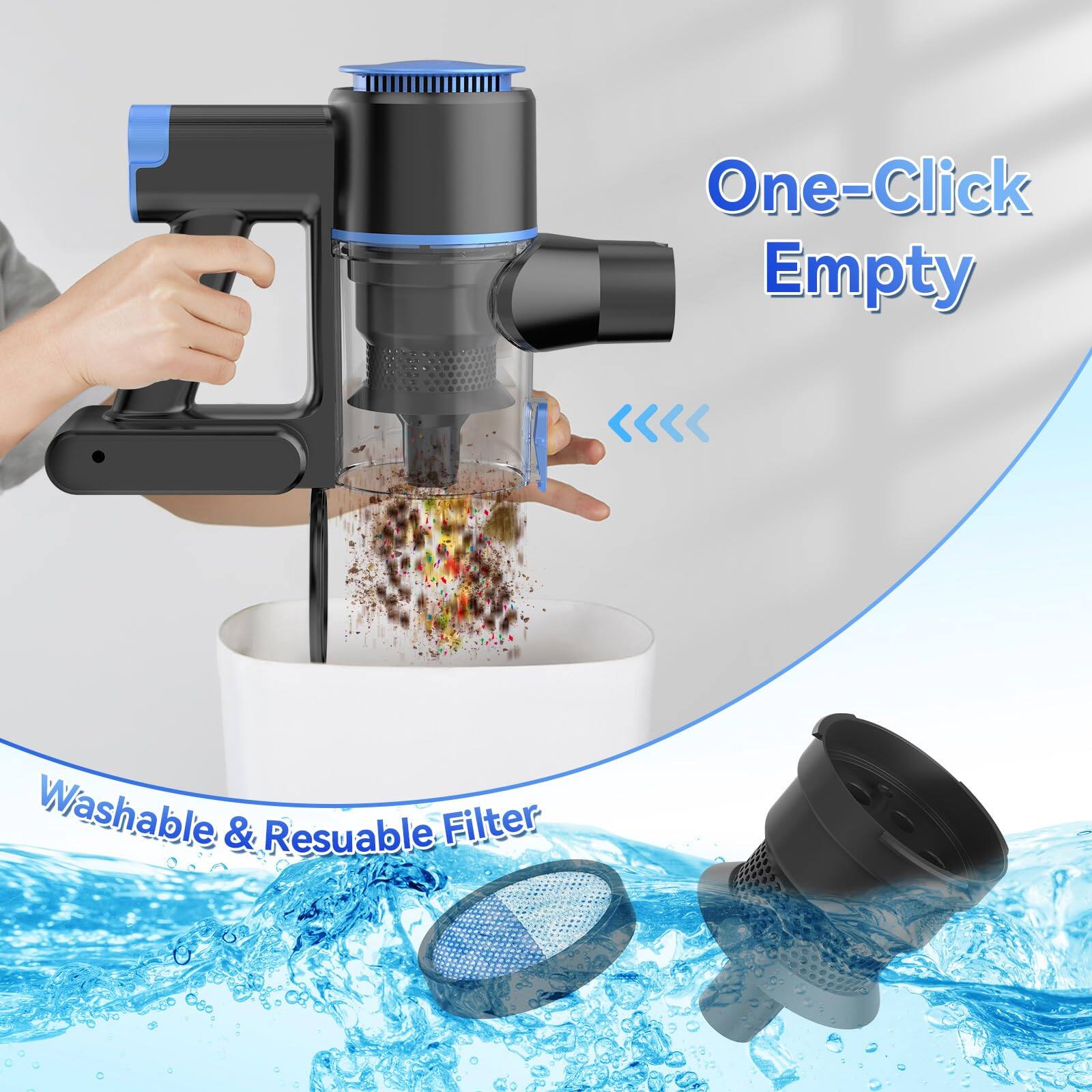 One-Click Empty

Washable & Reusable Filter