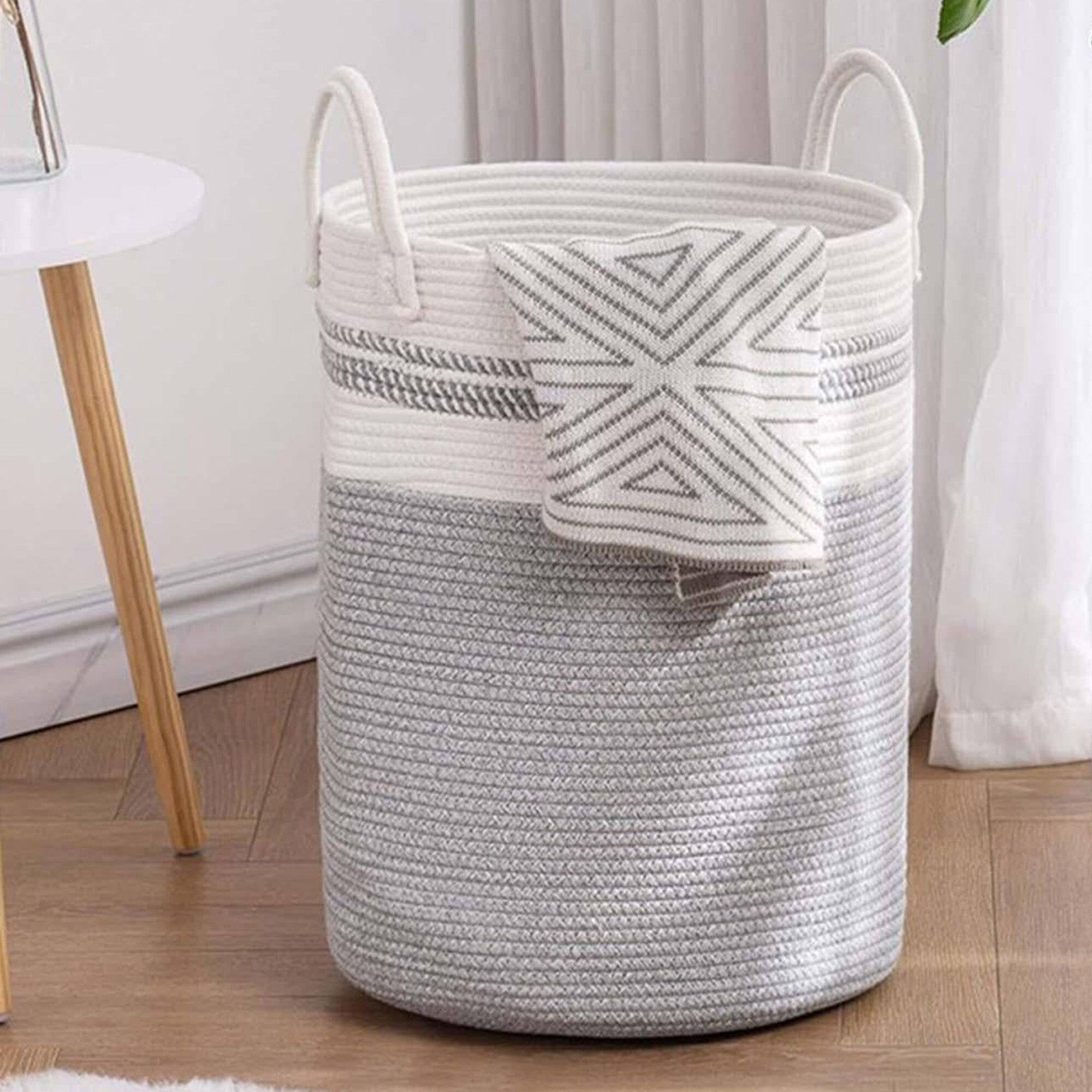 Alt View 9. Cheer Collection - Laundry Hamper, Large Woven Rope, 15" x 19.7" Cotton Laundry Basket with Handles, Clothes Hamper for Bedroom, Bathroom - 3-Tone Tan.