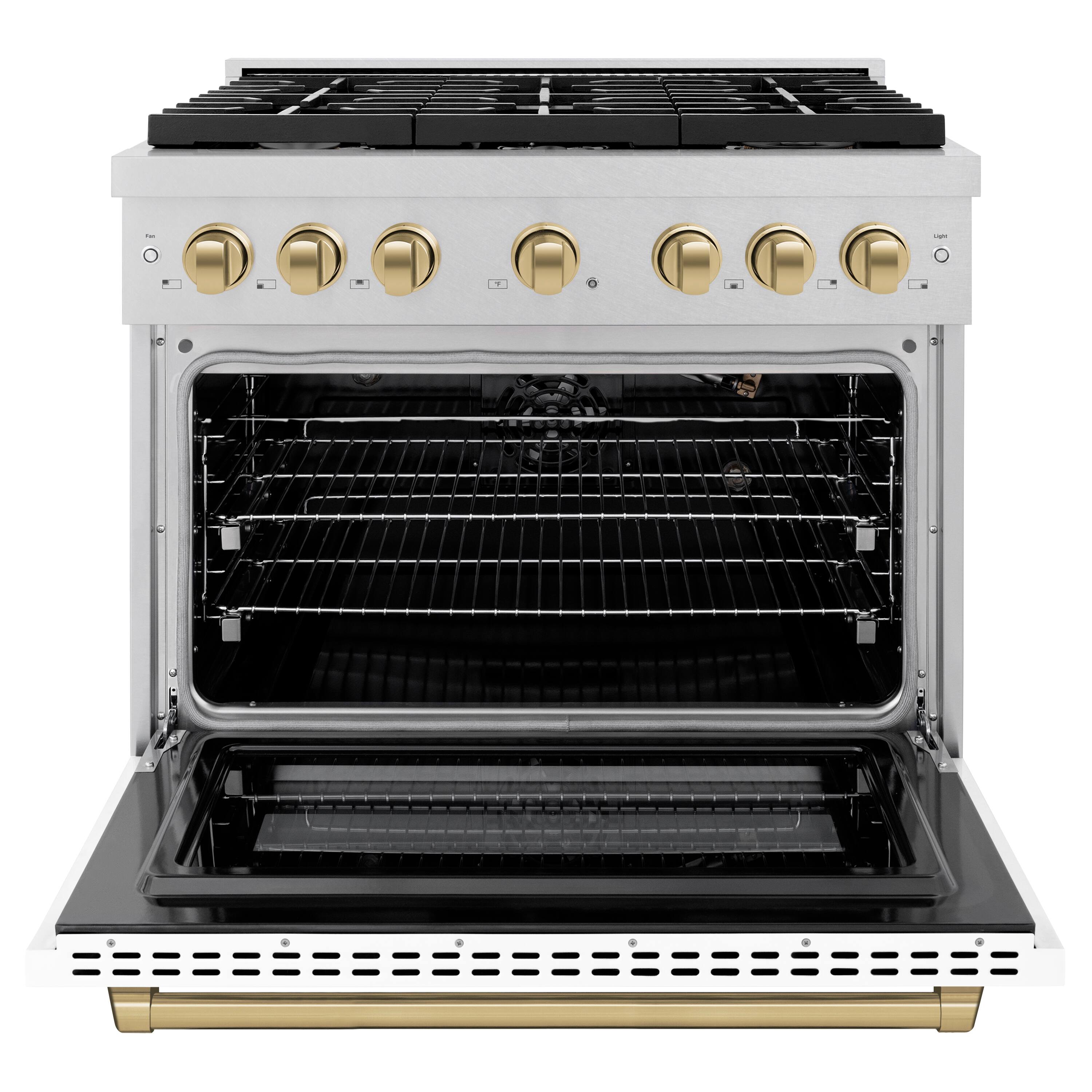 Angle. ZLINE - ZLINE Autograph 36 in. Paramount Satin Steel Gas Range with Bronze Accents (SGRSZ-WM-36-CB) - White.