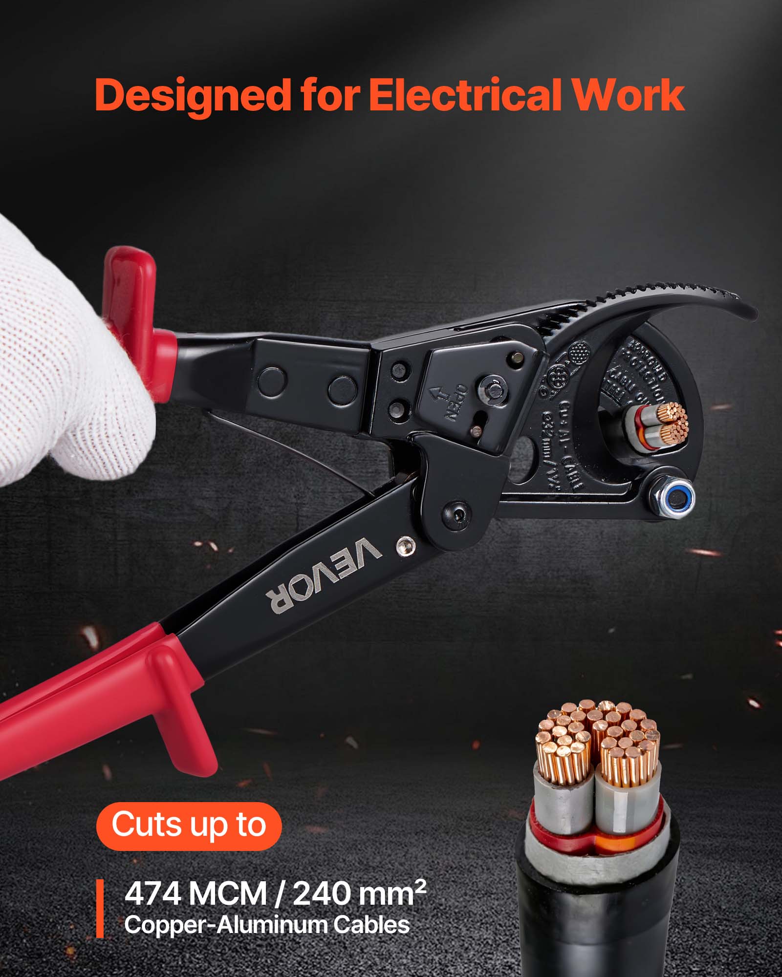Designed for Electrical Work

Cuts up to 474 MCM / 240 mm² Copper-Aluminum Cables