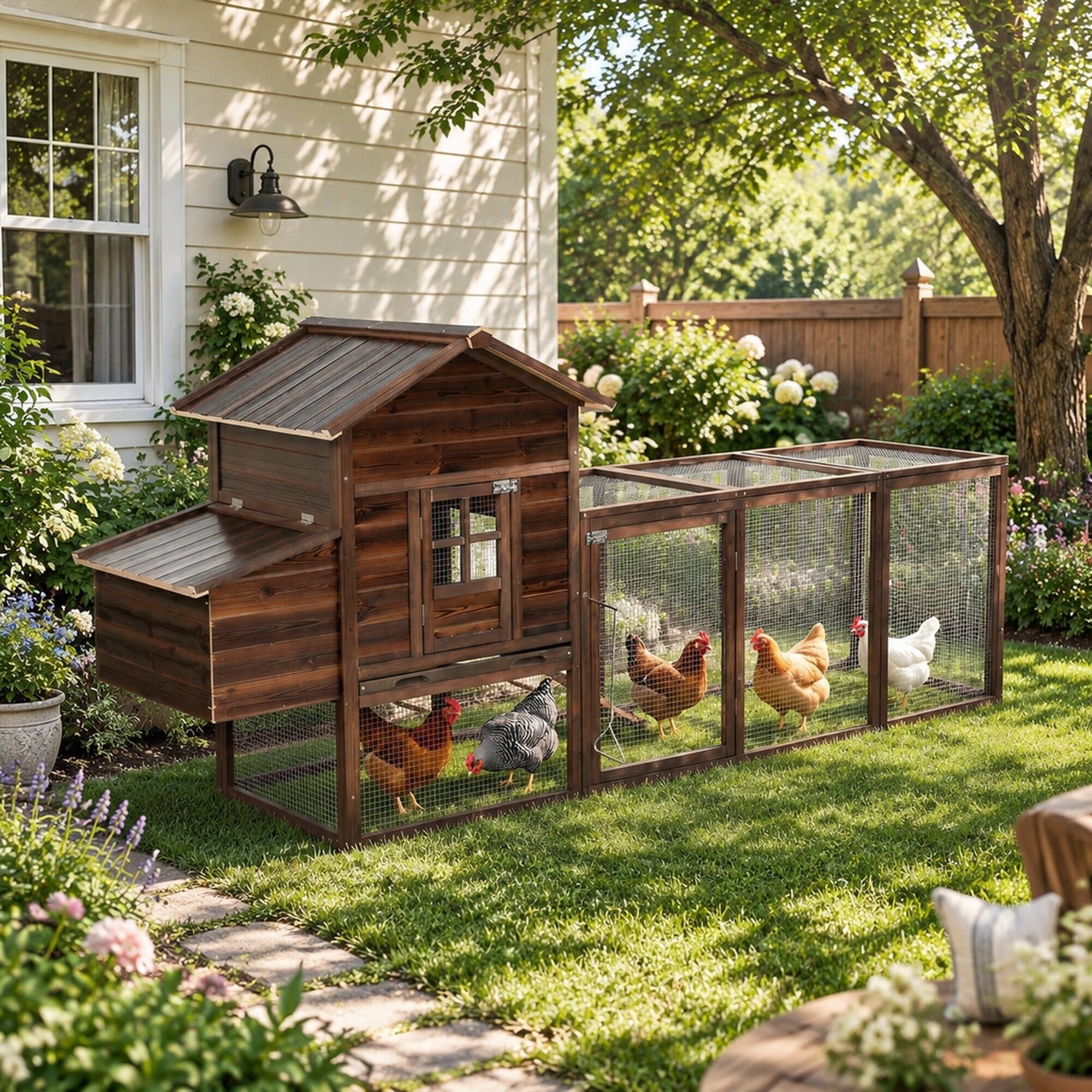 Alt View 1. RYHNUYNE - Wooden Chicken Coop, Fir,, - Run, Brown.