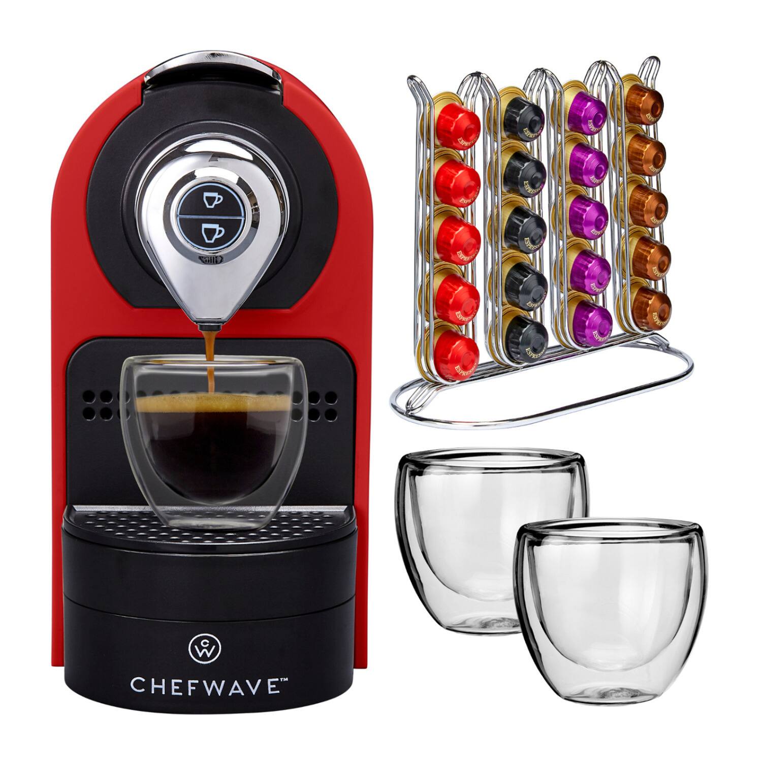 Left. ChefWave - ChefWave Espresso Machine for use with Nespresso Capsules (Red), Holder and Cups - Red.