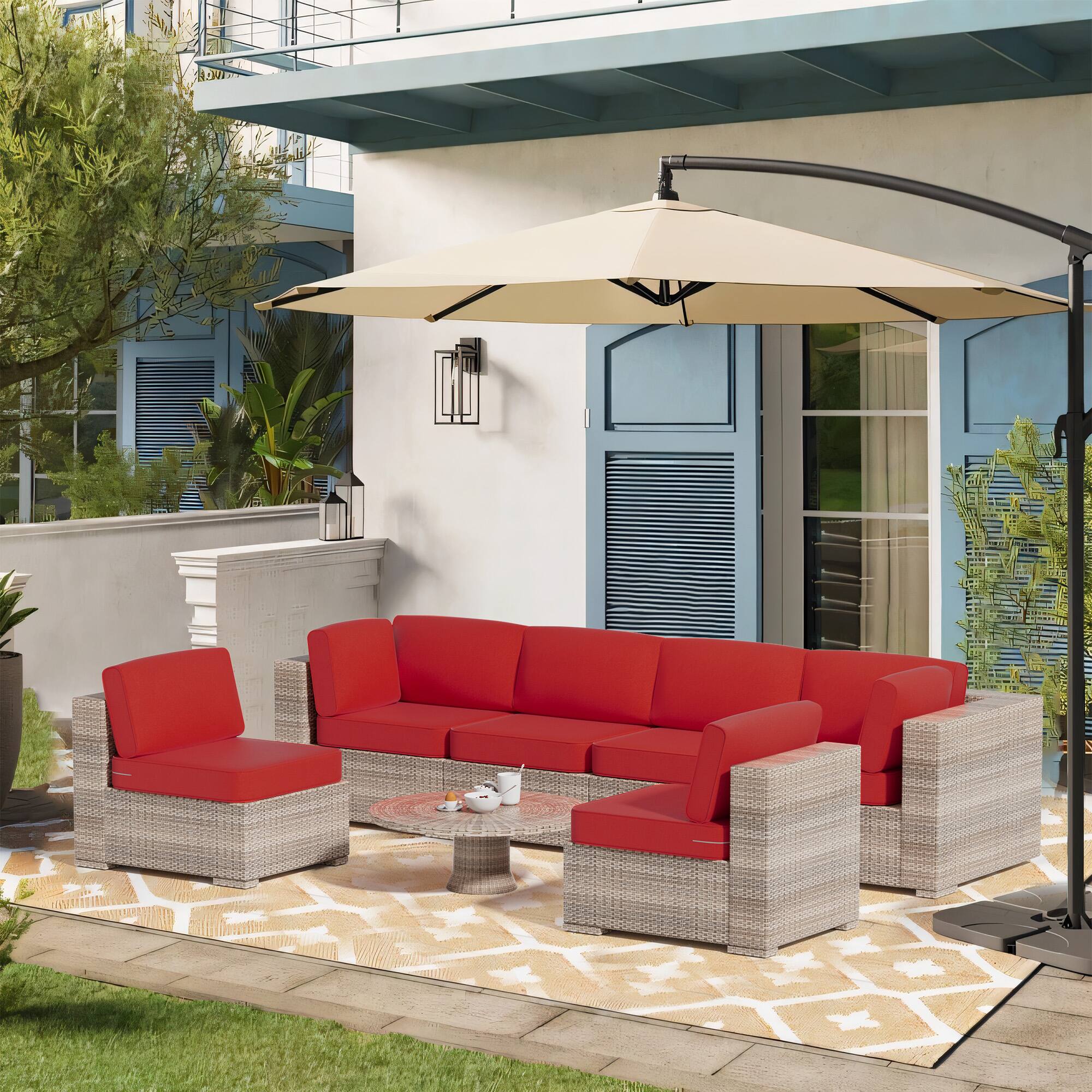 Angle. RYHNUYNE - 14-Piece Outdoor Patio Sofa Cushions,Red Seat Cushion with Zipper, Water-Resistant Patio Furniture Cushion - Red.