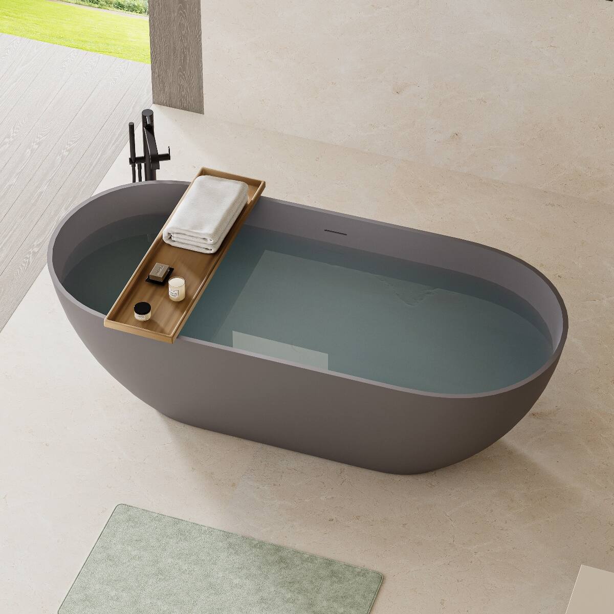 Front. Loheer - Loheer 63 in Solid Surface Freestanding Soaking Bathtub with Overflow and Pop Up Drain Matte Gray - Matte Gray.