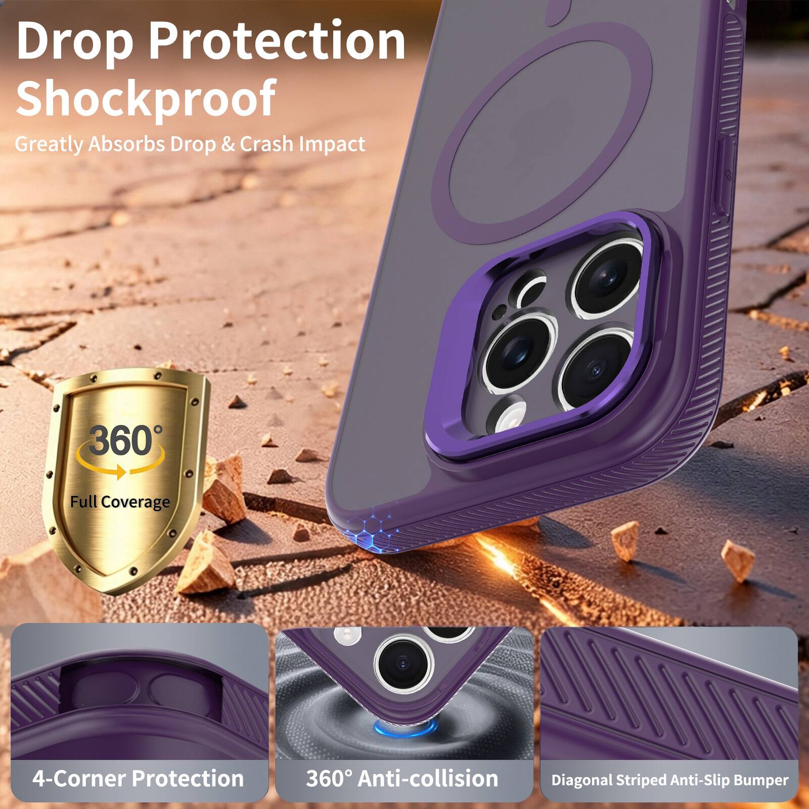 Drop Protection Shockproof  
Greatly Absorbs Drop & Crash Impact  

360° Full Coverage  

4-Corner Protection  

360° Anti-collision  

Diagonal Striped Anti-Slip Bumper