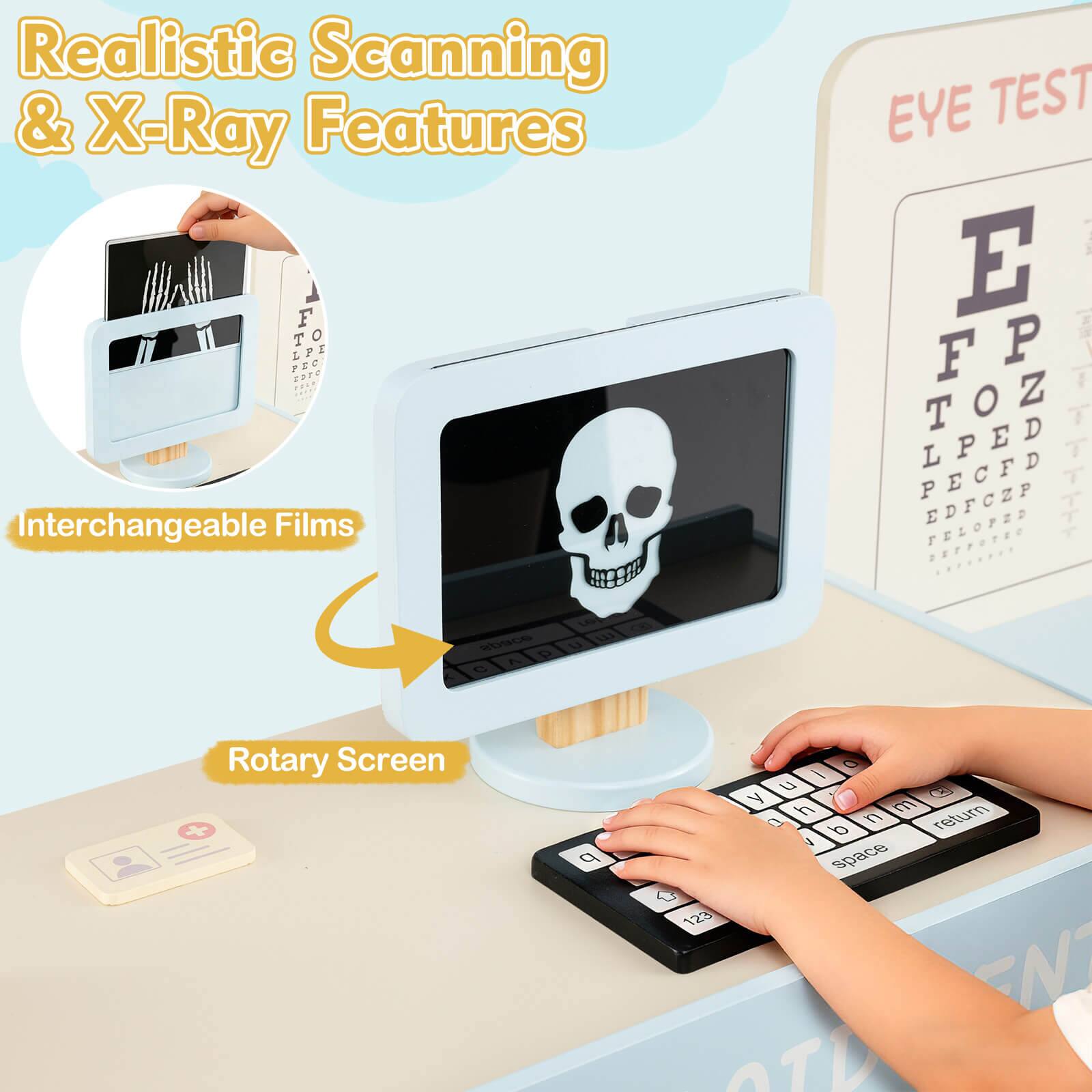 Realistic Scanning & X-Ray Features  
Interchangeable Films  
Rotary Screen  

EYE TEST  
E F P  
T O Z  
L P E D  
P E C F D  
E D F C E P  
E F L O P E R  
O R T O R T E S  

space P C  
LG w  

d  
O - u y m h n return 0 d 1 space 123 EN