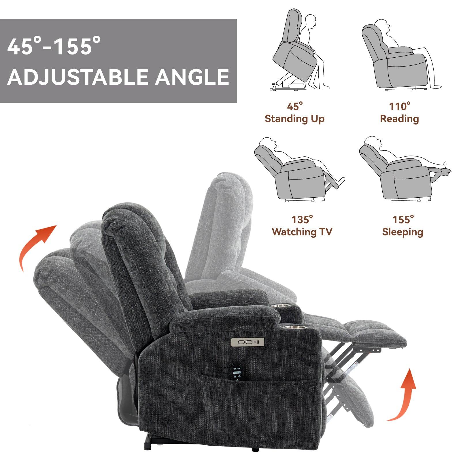 45-155° ADJUSTABLE ANGLE
45° Standing Up
110° Reading
135° Watching TV
155° Sleeping