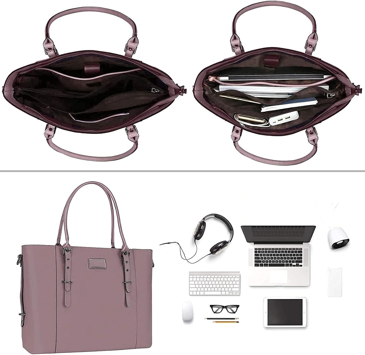 Left. mosiso - Waterproof PU Leather Laptop Bag for Women 17.3 Inch, Vintage Briefcase Shoulder Tote Computer Bag for Work & Office - Purple.