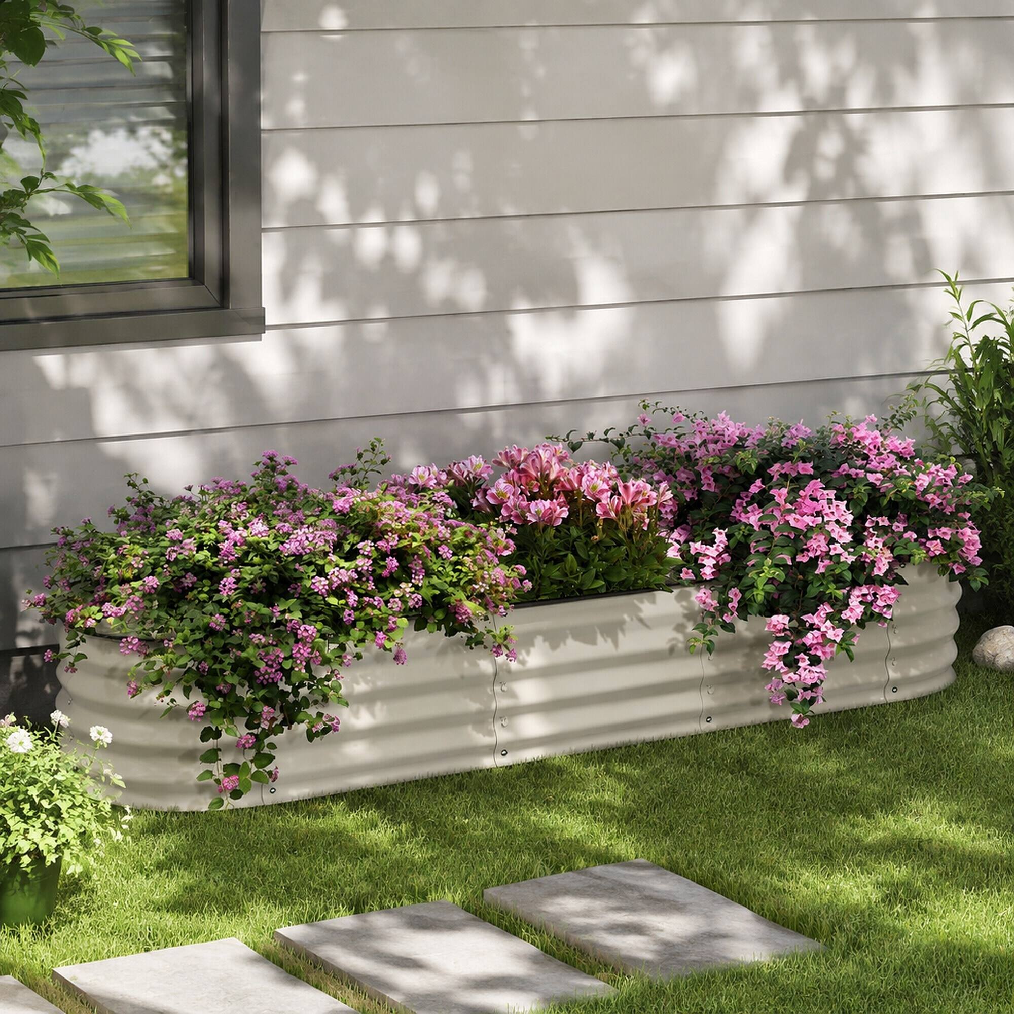 Angle. RYHNUYNE - Galvanized Raised Garden Bed Kit 6.4x2x1 ft Outdoor Metal Planter Box with Safety Edging for Vegetables Flowers - White.