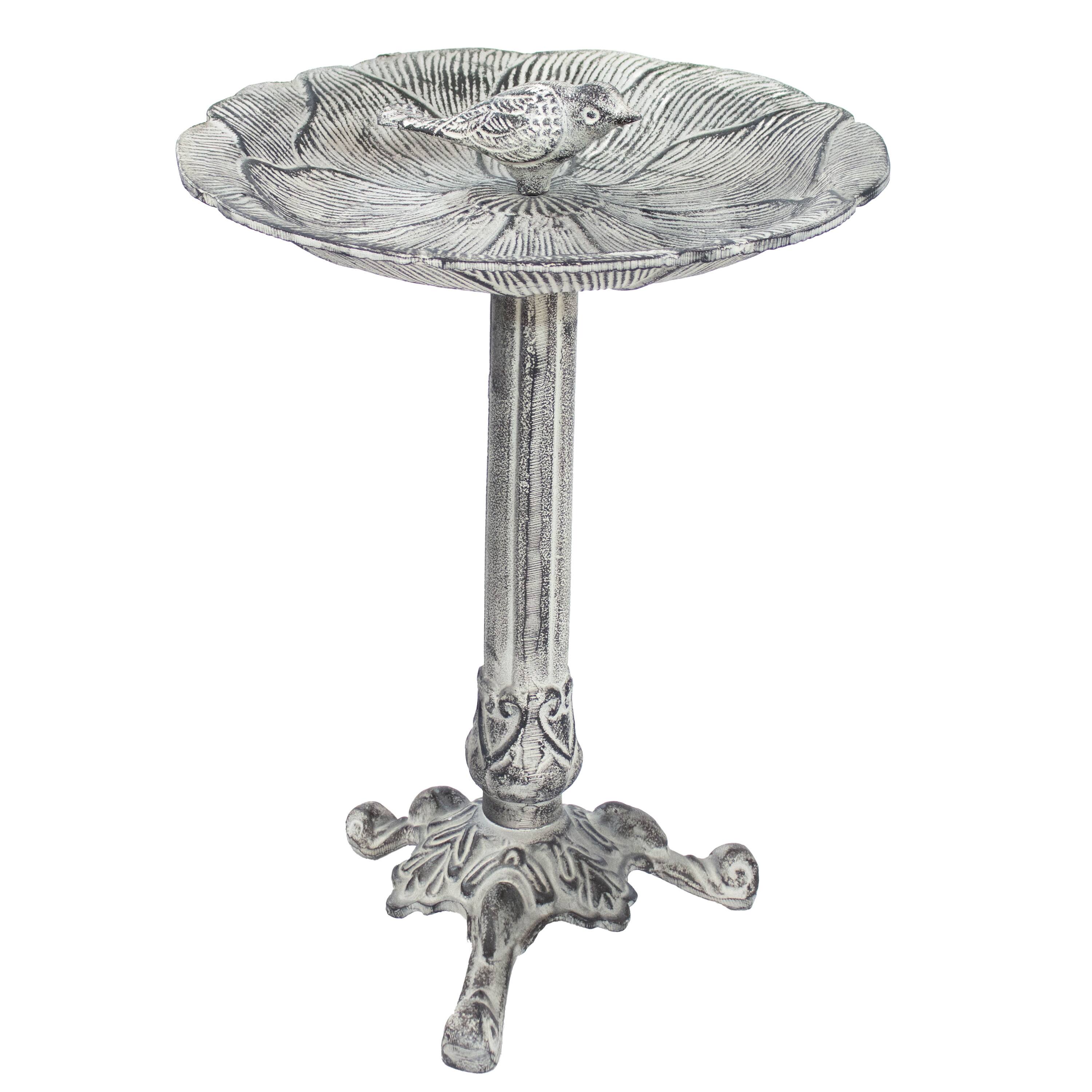 Front. Sunnydaze - Bird and Blossom Metal Bird Bath - 13 in - Antique Gray.