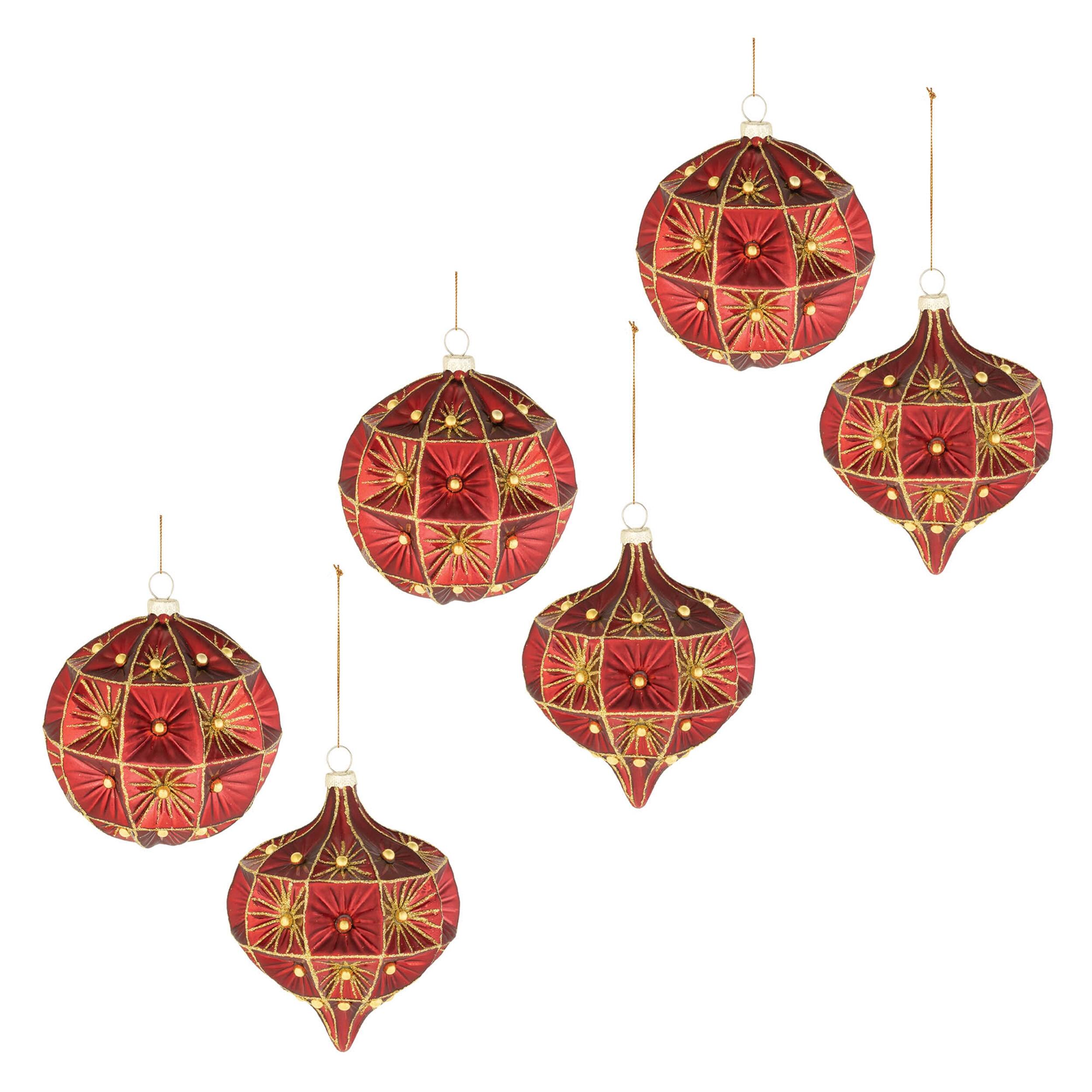 Alt View 2. BreeBe - Beaded Glass Ornament (Set of 6) - Red, Gold.