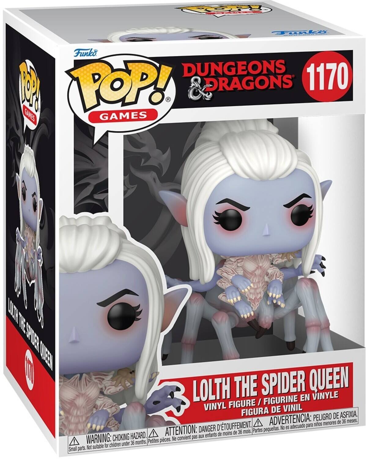 Funko POP! GAMES  
DUNGEONS & DRAGONS  
1170  

LOLTH THE SPIDER QUEEN  
VINYL FIGURE / FIGURINE EN VINYLE / FIGURA DE VINIL  

ADVERTENCIA: PELIGRO DE ASFIXIA.  
ATTENTION: DANGER D'ÉTOUFFEMENT.  
WARNING: CHOKING HAZARD.  
Small parts. Not suitable for children under 36 months.  
Petites pièces. Ne convient pas aux enfants de moins de 36 mois.  
Partes pequeñas. No es adecuado para niños menores de 36 meses.