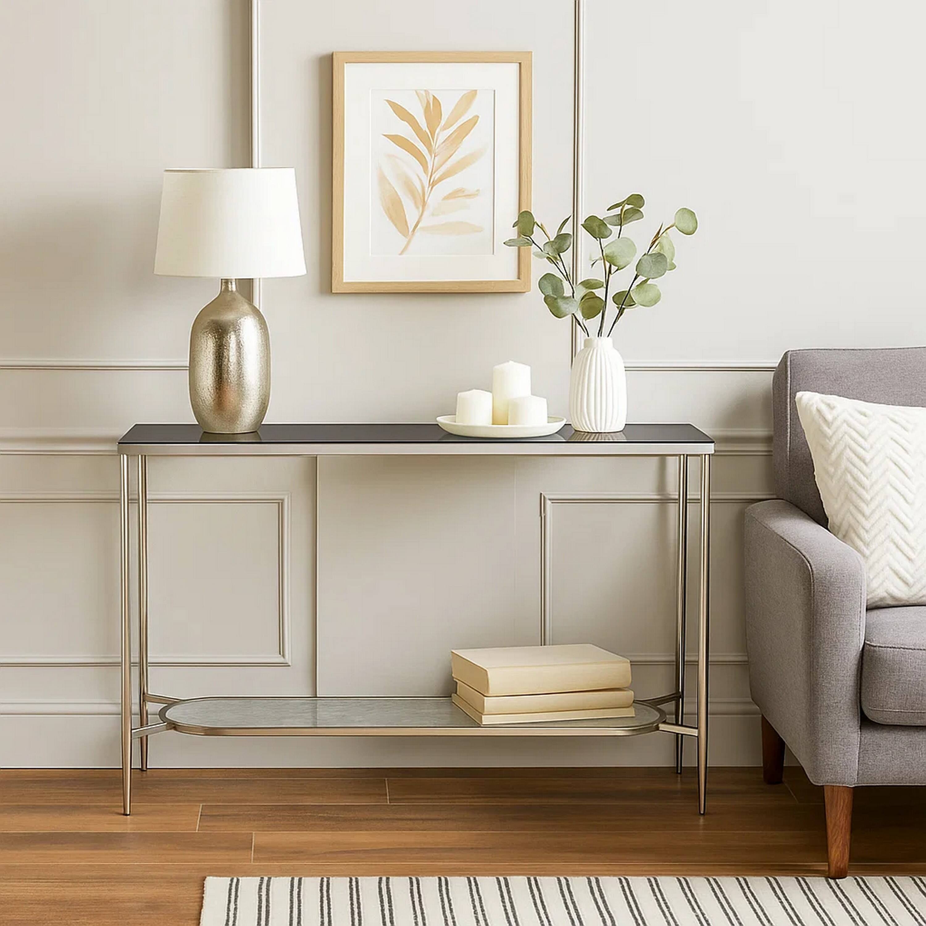 Alt View 6. Manhattan Lane - Sofa Table with Textured Obround Shelf - Silver.