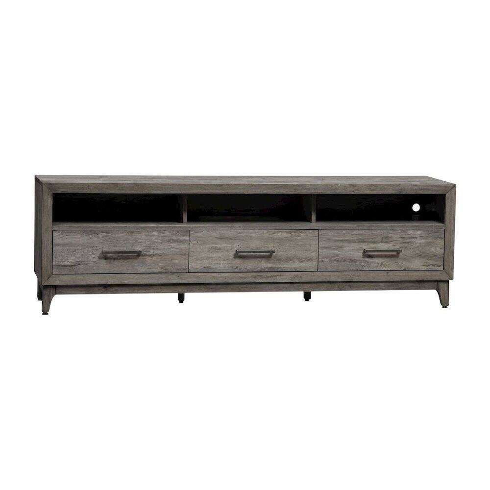Front. Starlight Canyon Home - Driftwood gray TV console, contemporary style, wood construction, 76" W - Gray.