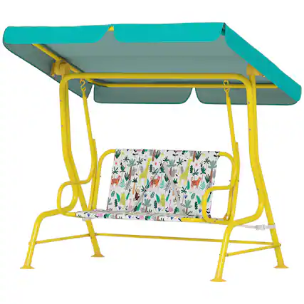 Front. Qaba - Kids Porch Swing, 2-Seater Patio Swing Bench with Safety Belts, Adjustable Canopy for Backyard - Green.