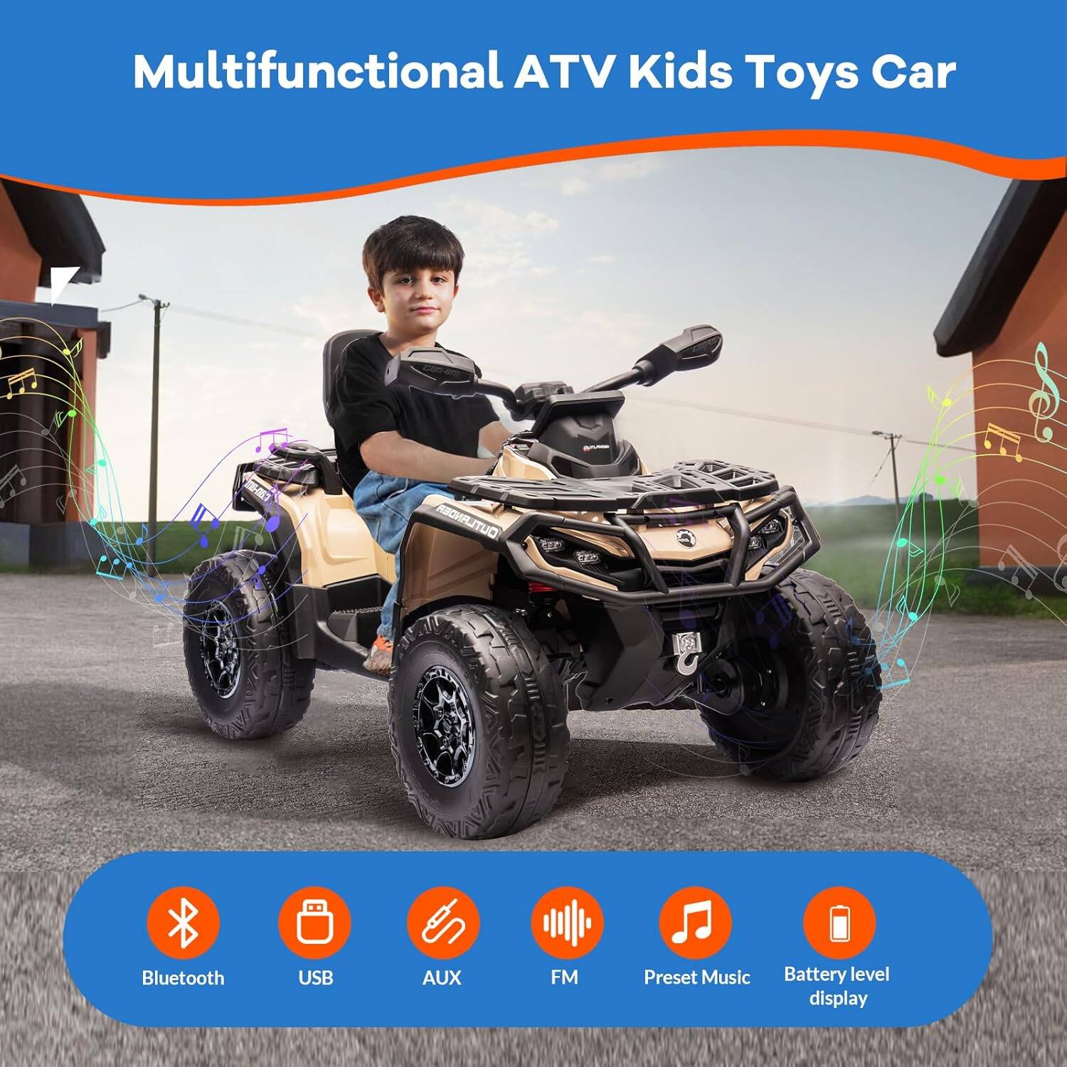 Multifunctional ATV Kids Toys Car

- Bluetooth
- USB
- AUX
- FM
- Preset Music
- Battery level display