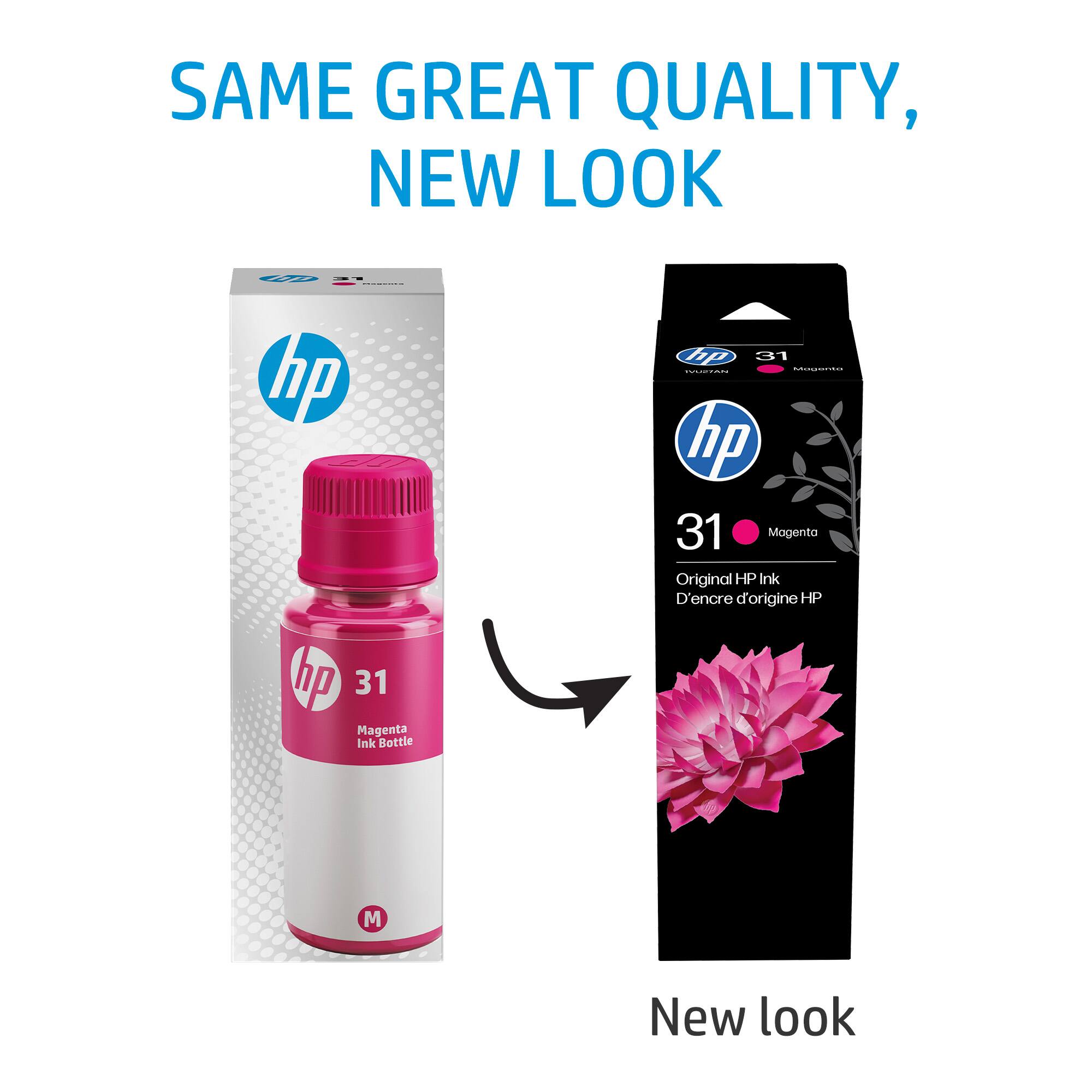 SAME GREAT QUALITY, NEW LOOK

hp 31 Magenta Ink Bottle

hp 31 Magenta Original HP Ink
Original HP Ink
D'encre d'origine HP

New look