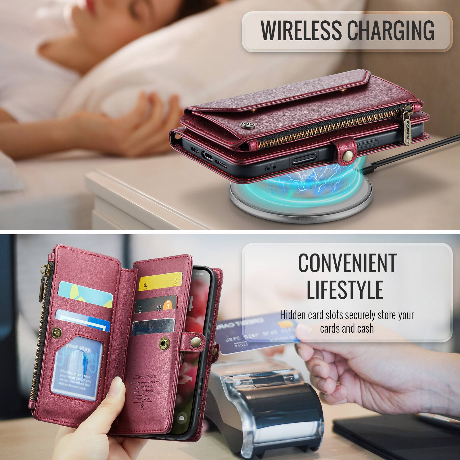 WIRELESS CHARGING

CONVENIENT LIFESTYLE

Hidden card slots securely store your CARDS and cash