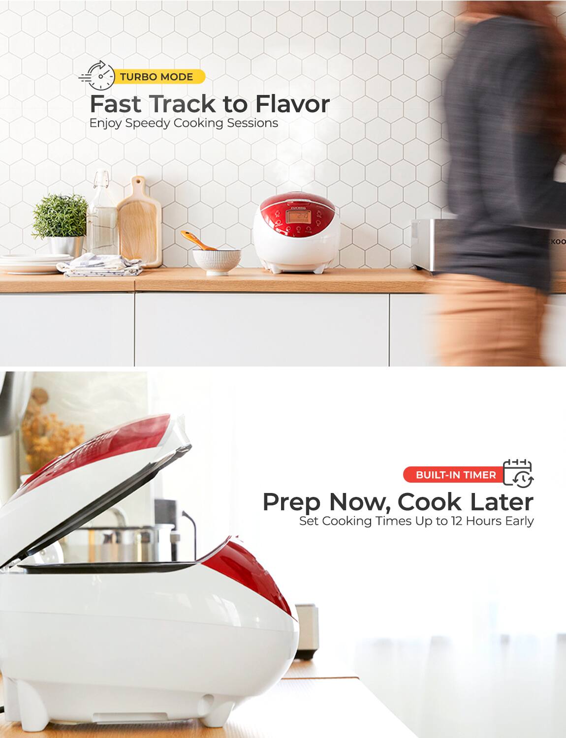 **TURBO MODE**  
Fast Track to Flavor  
Enjoy Speedy Cooking Sessions  

**BUILT-IN TIMER**  
Prep Now, Cook Later  
Set Cooking Times Up to 12 Hours Early