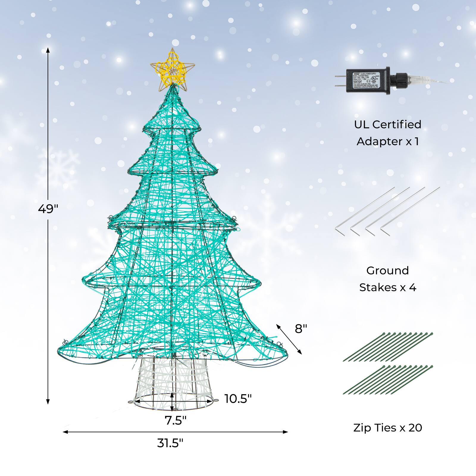 CALICIONAL Christmas
UL Certified Adapter x 1
Ground Stakes x 4
Zip Ties x 20