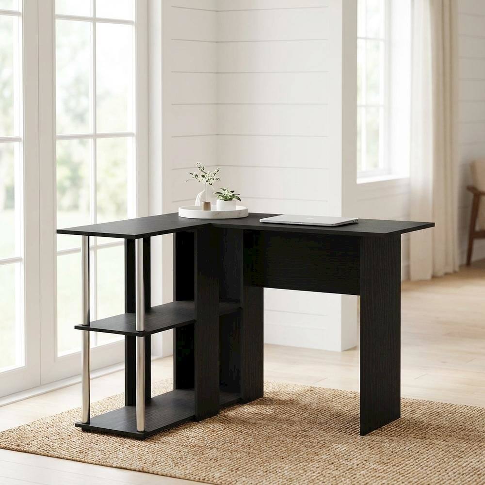 Angle. BisonOffice - L-Shape Desk, Bookshelf, Americano Finish, Steel Tubes, Modern Workspace - Americano/Chrome.