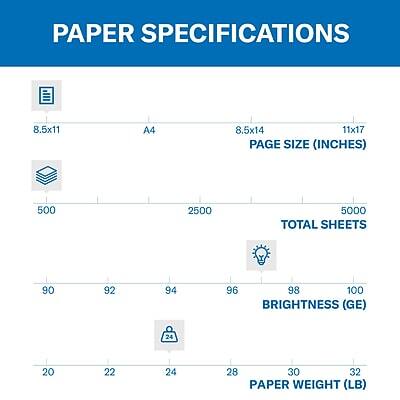 PAPER SPECIFICATIONS

PAGE SIZE (INCHES)
- 8.5x11
- A4
- 8.5x14
- 11x17

TOTAL SHEETS
- 500
- 2500
- 5000

BRIGHTNESS (GE)
- 90
- 92
- 94
- 96
- 98
- 100

PAPER WEIGHT (LB)
- 20
- 22
- 24
- 28
- 30
- 32
