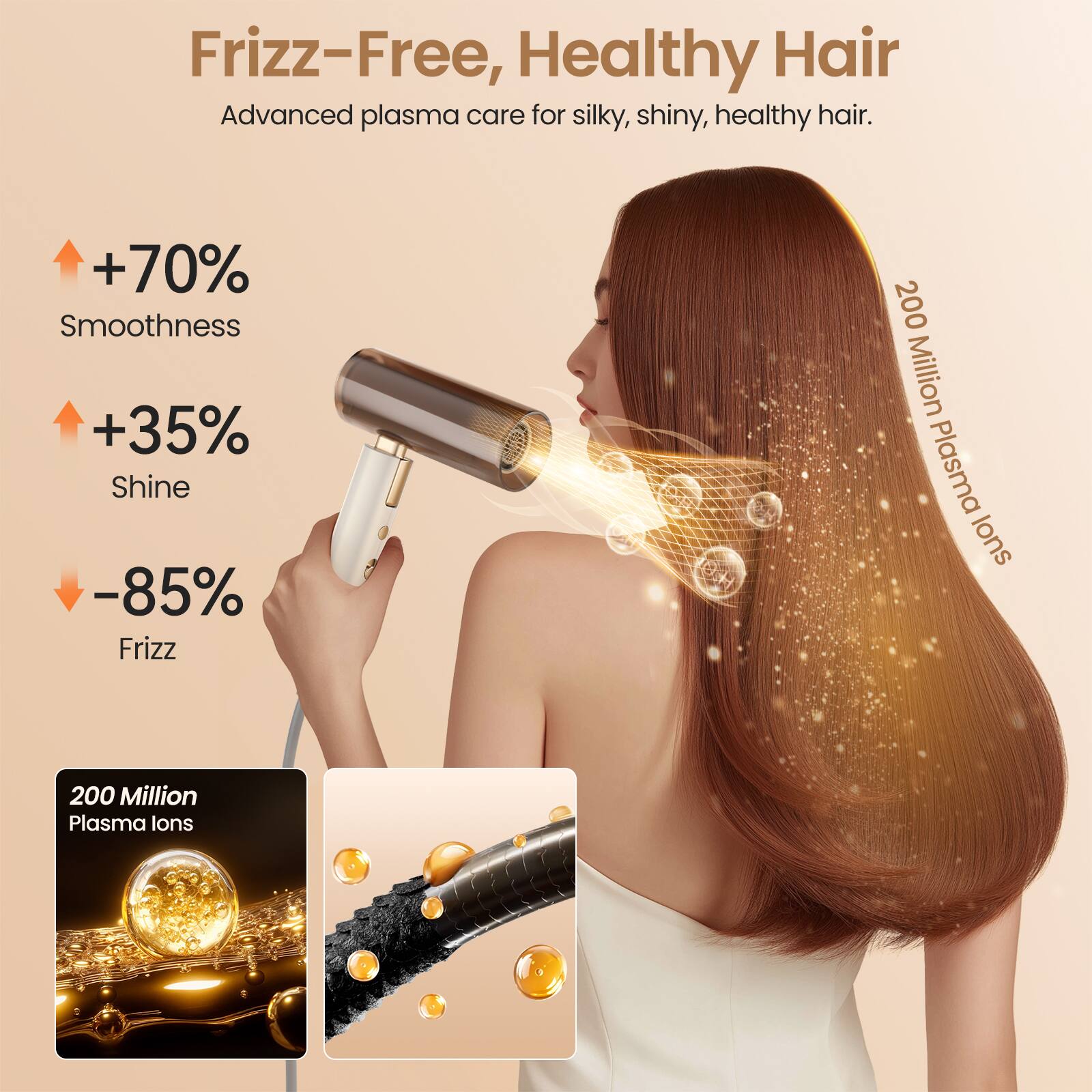 Frizz-Free, Healthy Hair  
Advanced plasma care for silky, shiny, healthy hair.

+70% Smoothness  
+35% Shine  
-85% Frizz  

200 Million Plasma Ions  

200 Million Plasma Ions