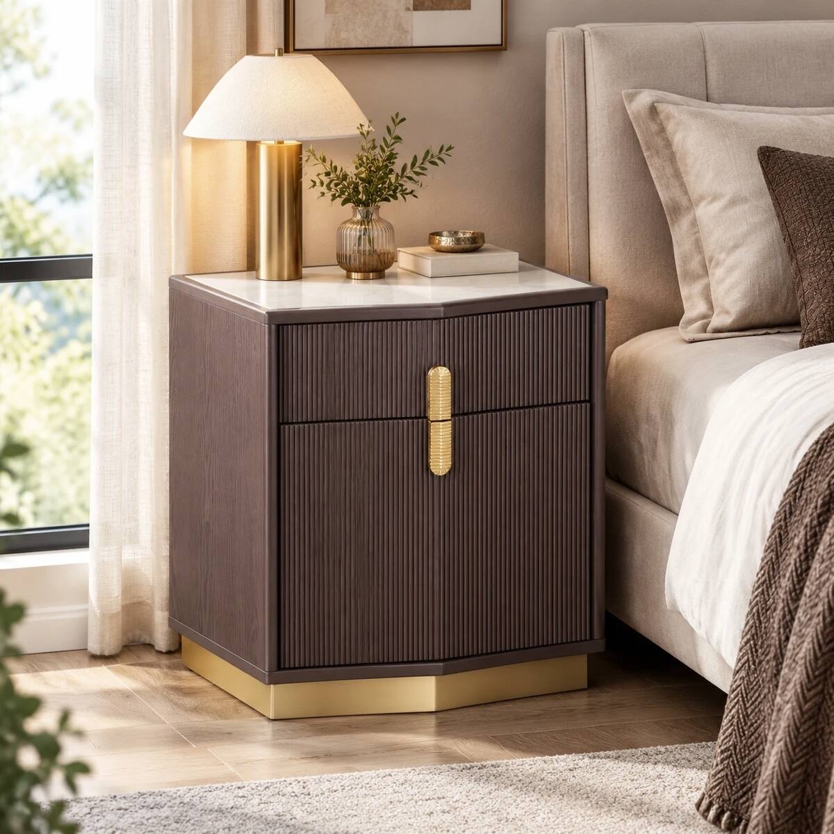 Angle. Loheer - Loheer 2 Drawer Nightstand, Chocolate Vertical Stripe Bedside Table - Chocolate.