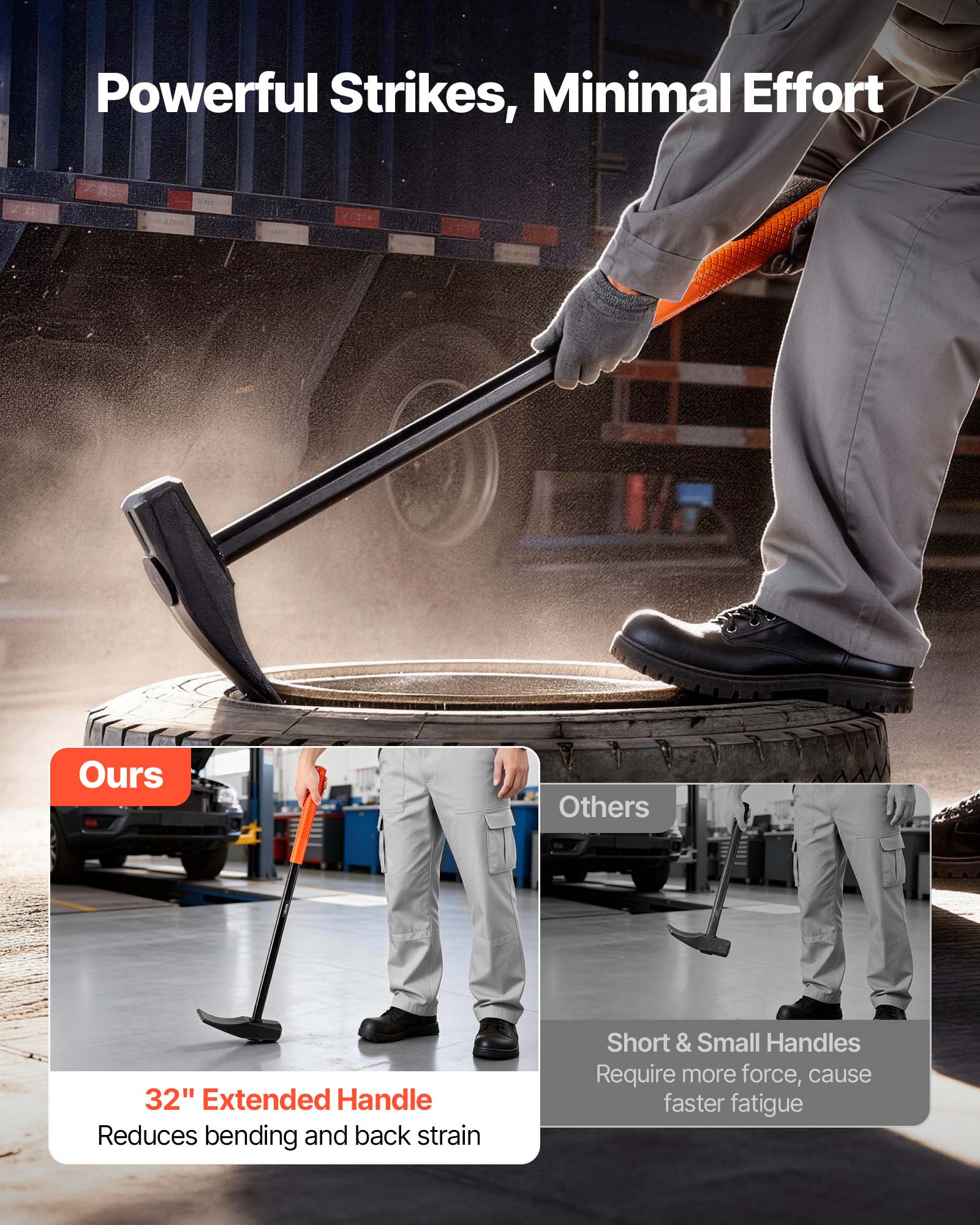 Powerful Strikes, Minimal Effort

Ours
32" Extended Handle
Reduces bending and back strain

Others
Short & Small Handles
Require more force, cause faster fatigue