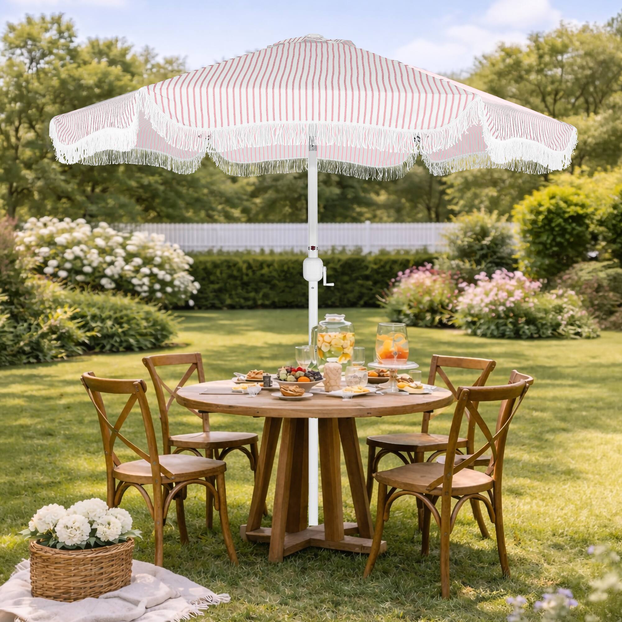 Alt View 8. Best Choice Products - Best Choice Products 9ft Fringe Market Umbrella  Boho Patio Sunshade w/ Tilt, UPF50+ - Pink Pinstripe - Pink Pinstripe.