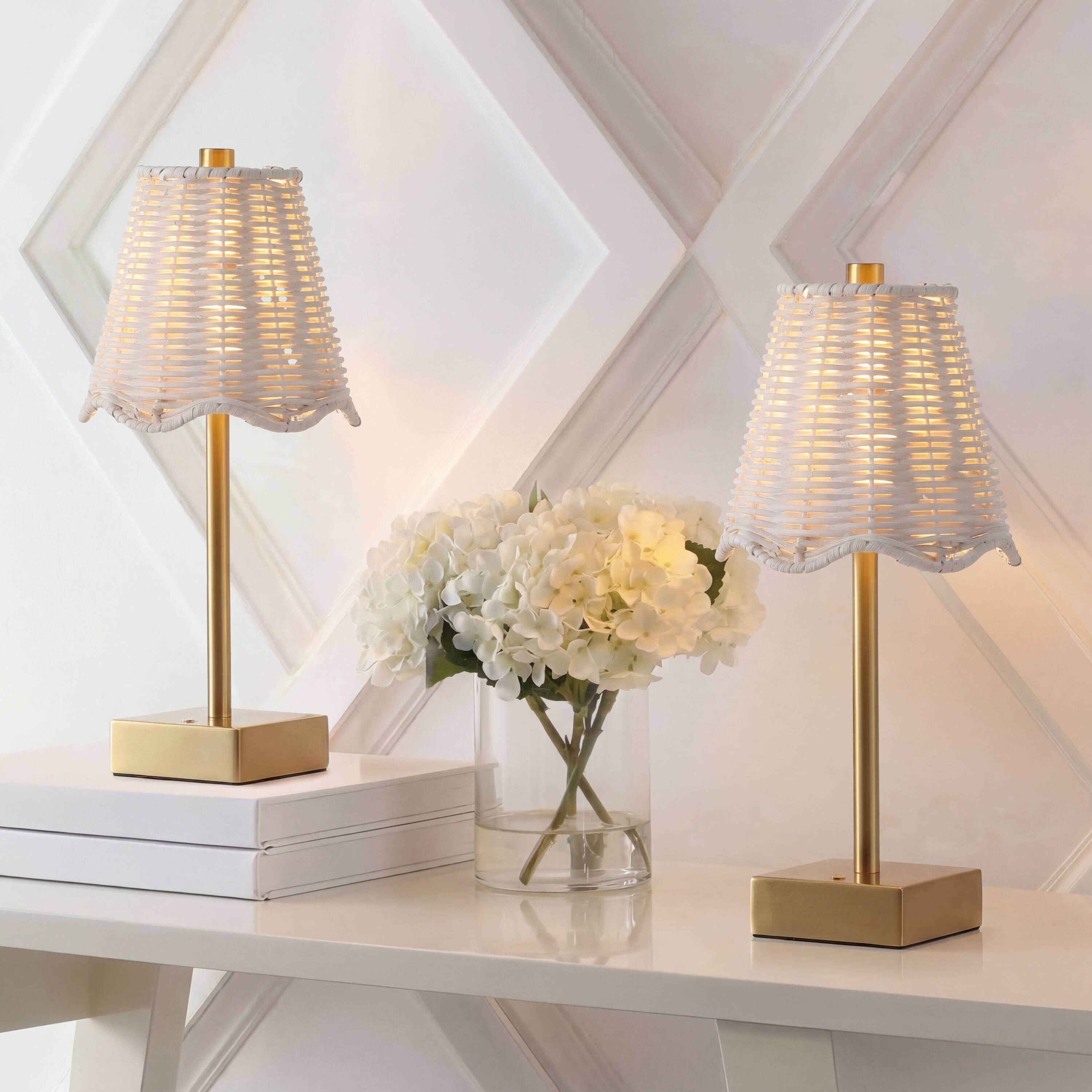 Alt View 1. Jonathan Y - Willow 11" Coastal Bohemian Cordless Rechargeable Table Lamp Set of 2, Brass Gold with White Rattan Shade, Touch Dimmer - Brass Gold.