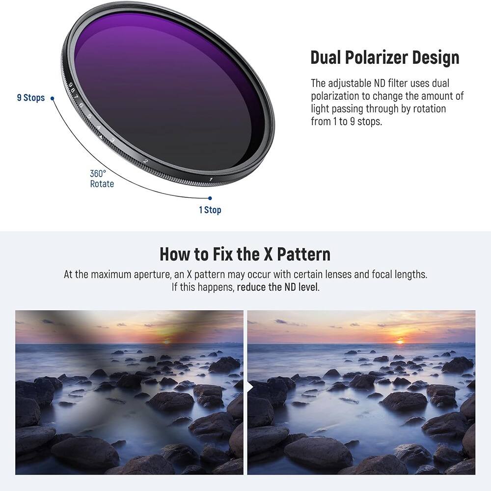 **Dual Polarizer Design**

The adjustable ND filter uses dual polarization to change the amount of light passing through by rotation from 1 to 9 stops.

**How to Fix the X Pattern**

At the maximum aperture, an X pattern may occur with certain lenses and focal lengths. If this happens, reduce the ND level.