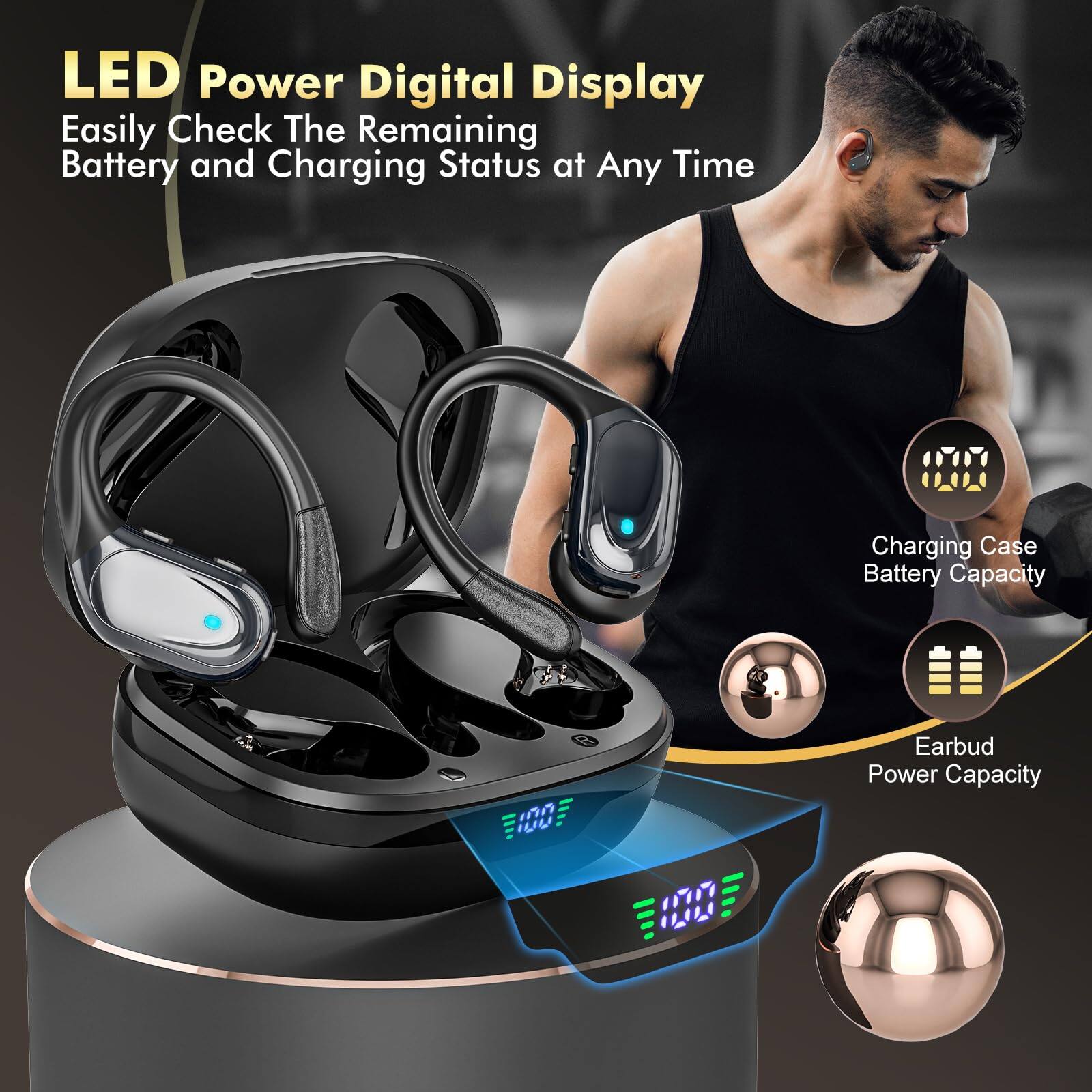 LED Power Digital Display  
Easily Check The Remaining Battery and Charging Status at Any Time  

Charging Case Battery Capacity  
Earbud Power Capacity