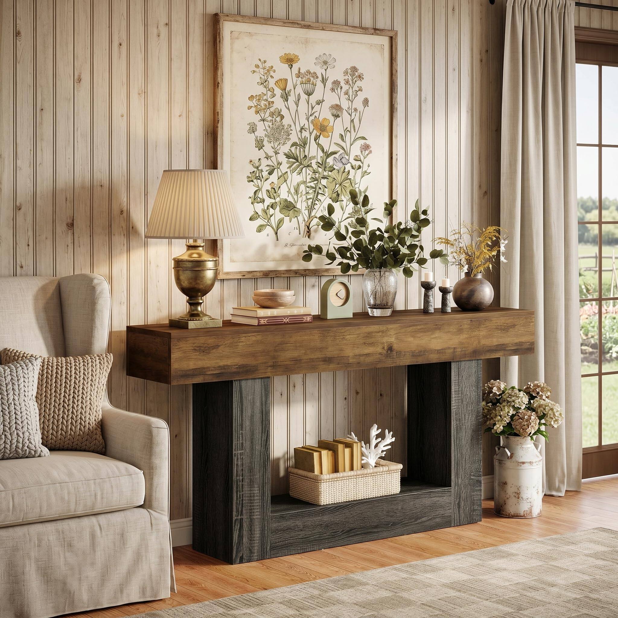 Alt View 1. Tribesigns - 63-Inch Farmhouse TV Stand with Two-Tone Wood-Grain Finish and Open Storage for TVs up to 65 Inches - Brown & Grey.