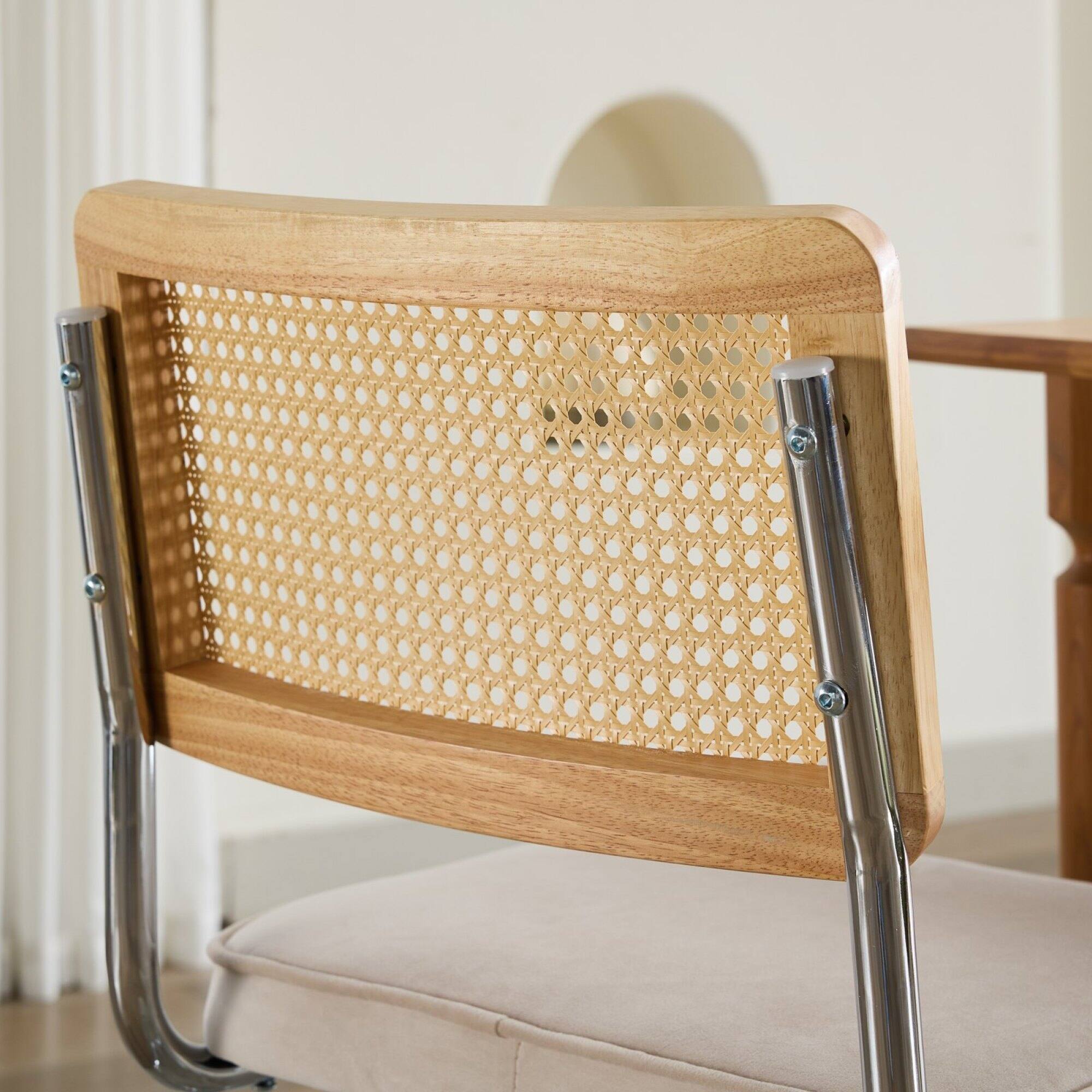 Alt View 5. GOODSILO - Mid Century Modern Dining Chairs Set of Two with Velvet Upholstery and Cane Back - Beige.