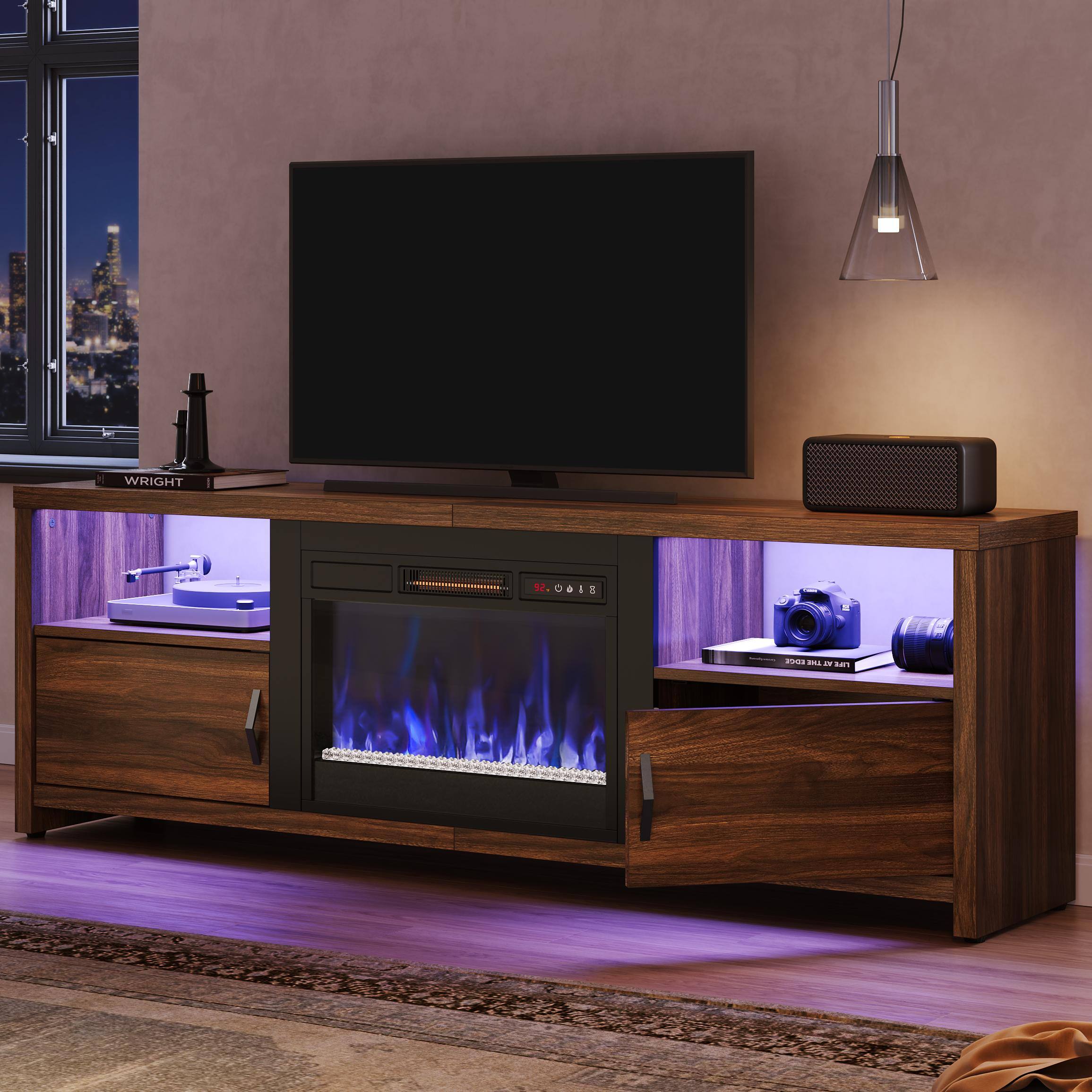 Bestier - 70 inch Gaming TV Stand with 23" Fireplace & RGB Lights, for 75" TVs, for Living Room - Brown