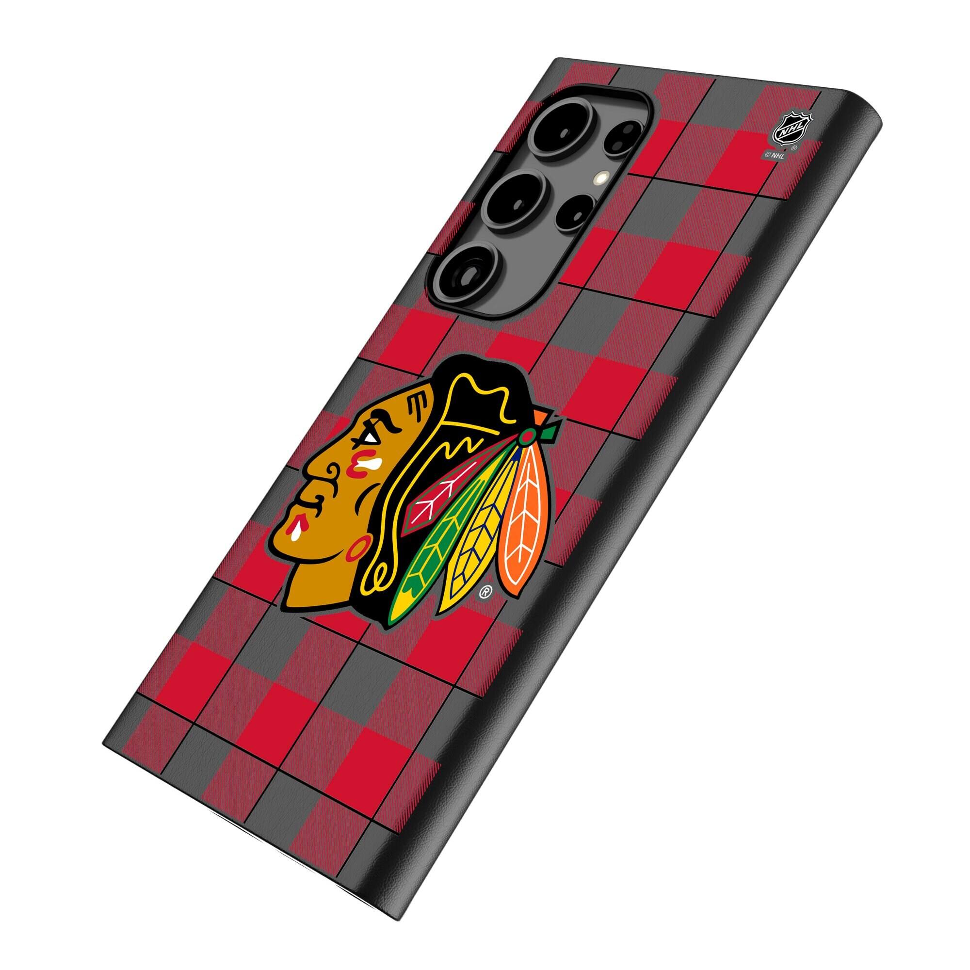 Alt View 1. Keyscaper - Chicago Blackhawks Plaid Galaxy Magnetic Bump Case - S25 Ultra - Black.
