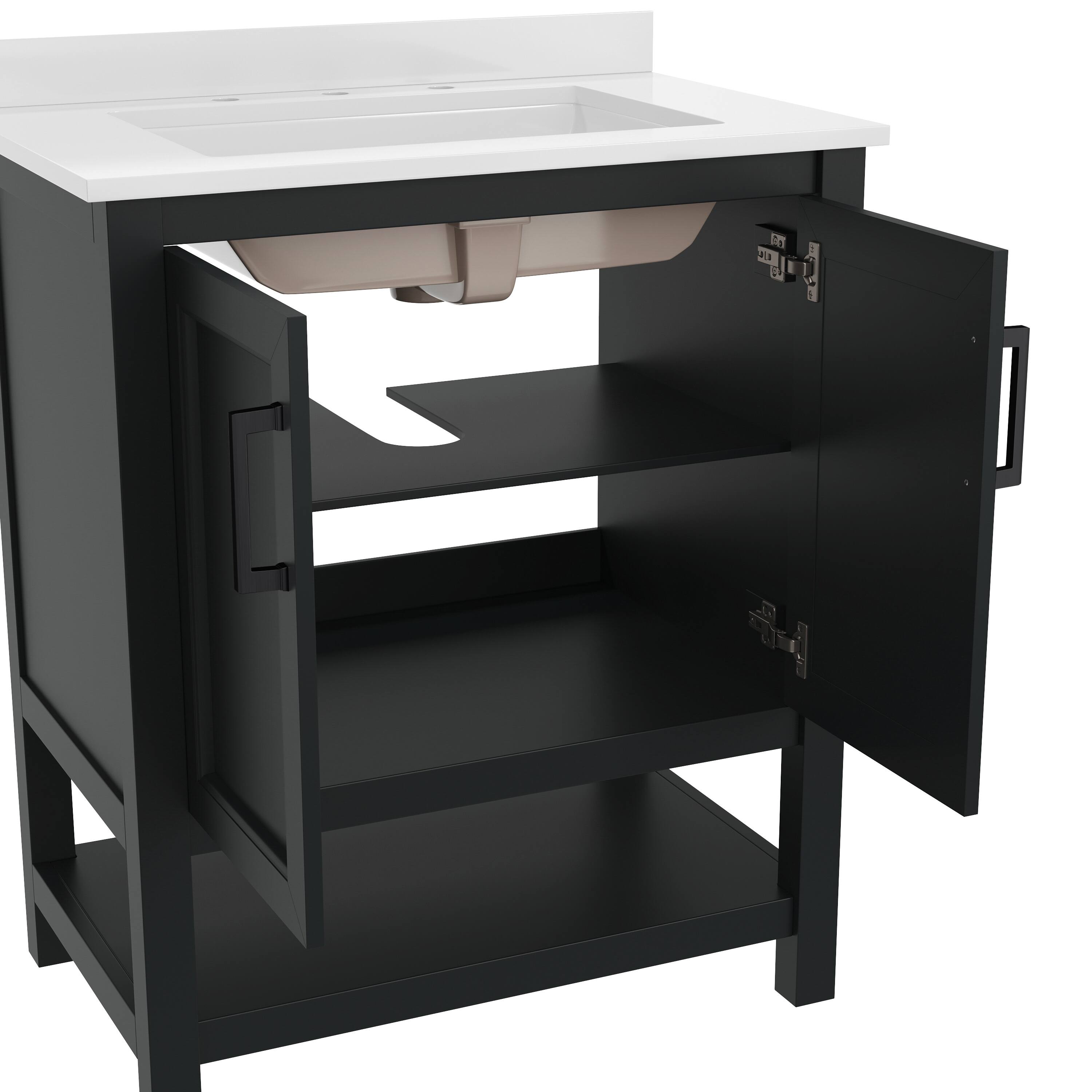 Alt View 7. Emma + Oliver - Vesta Bathroom Vanity, Single Sink Cabinet with 2 Soft Close Doors and Open Shelf, Carrara Marble Finish Countertop - Black Frame/Black Hardware.