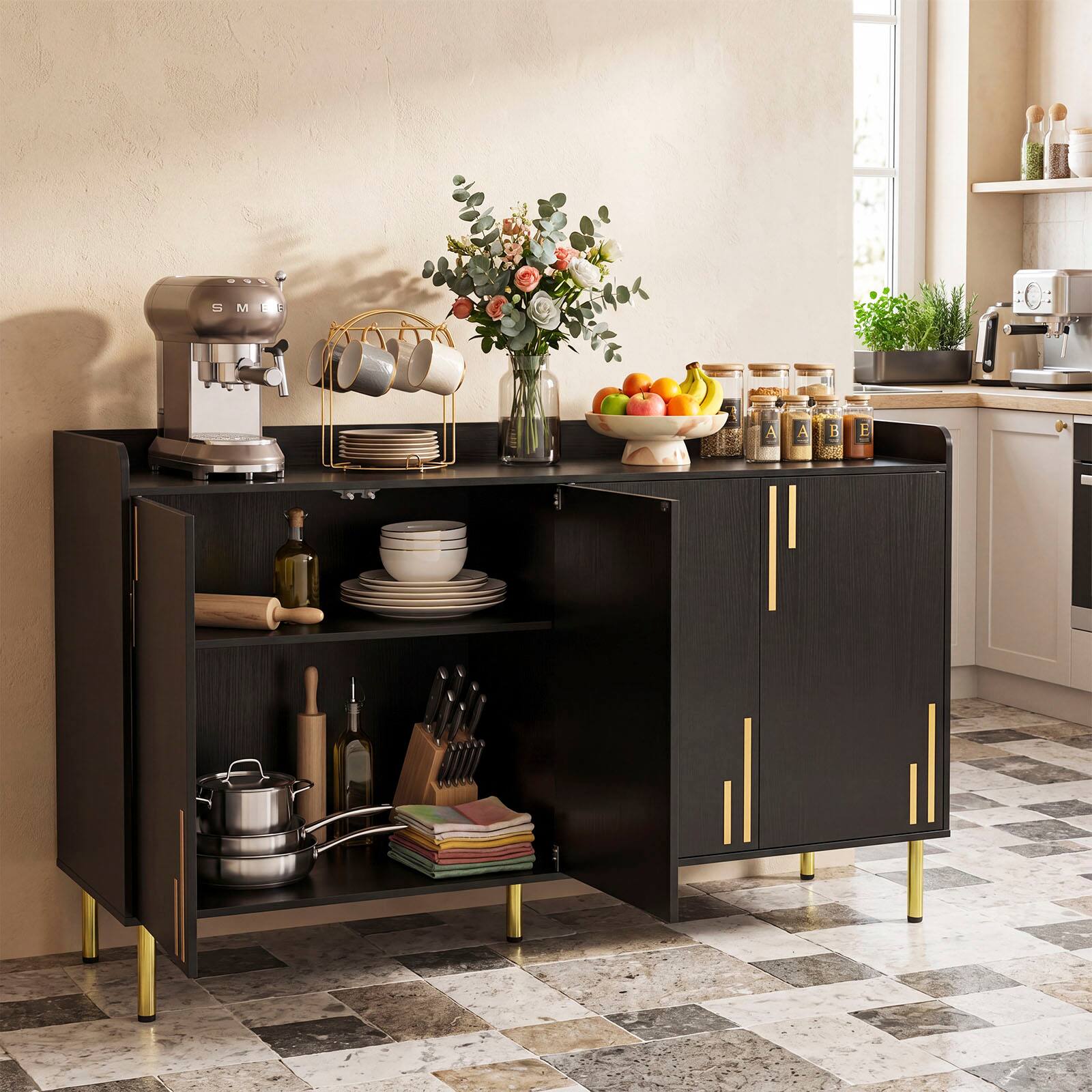 Alt View 4. Costway - Costway Buffet Cabinet, 55" Long Sideboard with 4 Doors, 5 Metal Legs for Living Room - Black.
