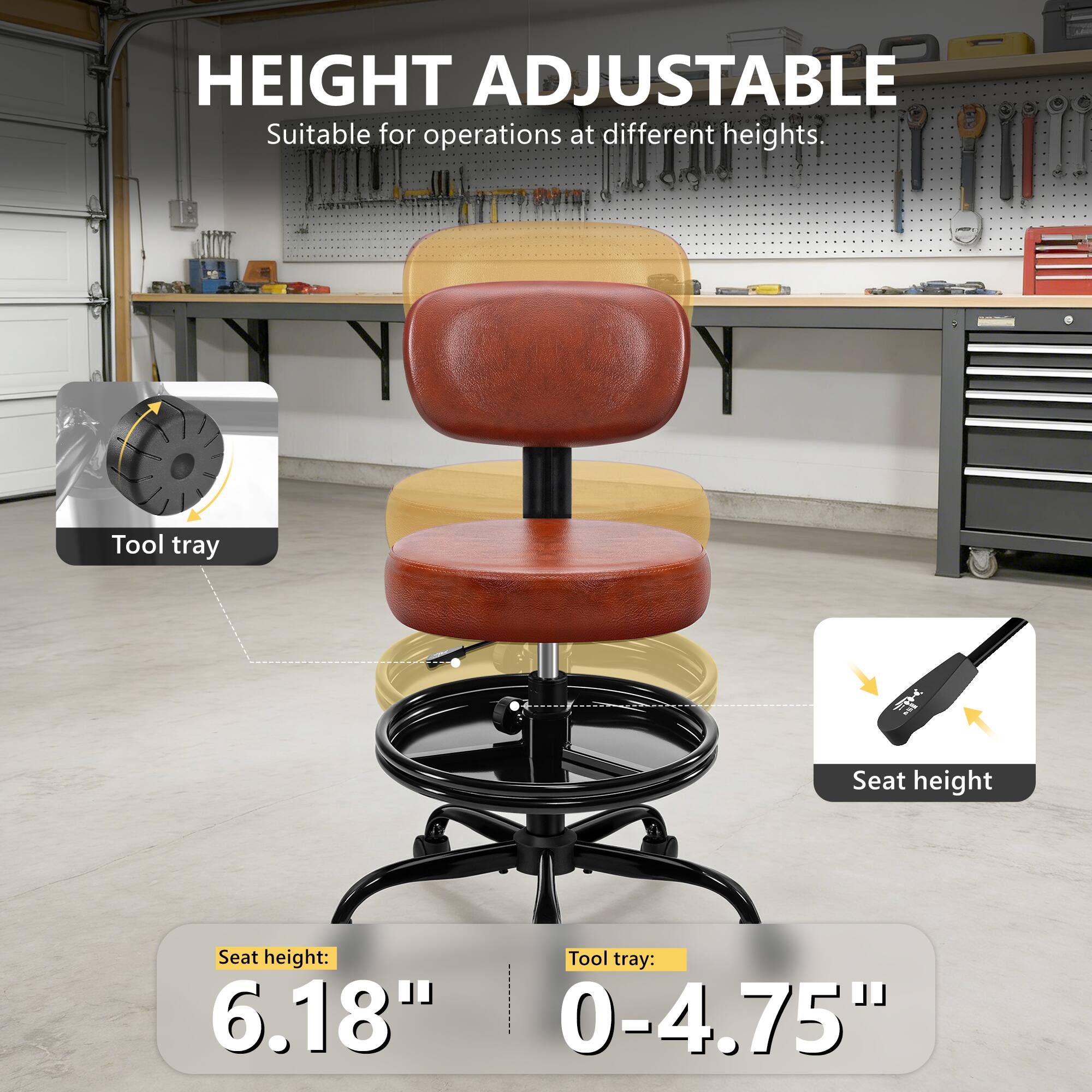 HEIGHT ADJUSTABLE  
Suitable for operations at different heights.  

Seat height: 6.18"  
Tool tray: 0-4.75"