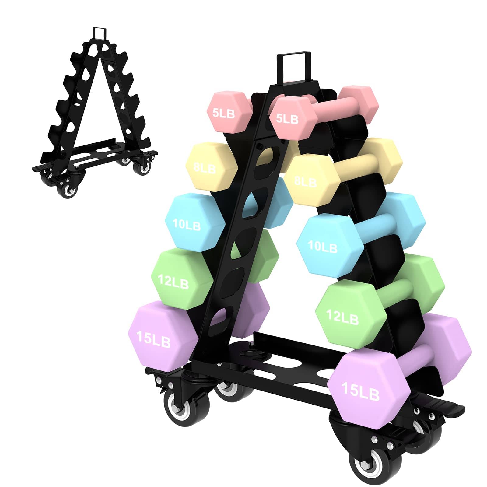 Refined Abode Design - Dumbbell Rack 5 Tier With Wheels A frame Metal Holder Handle level Weight Storage For Dumbbells Tree Shape - Multi